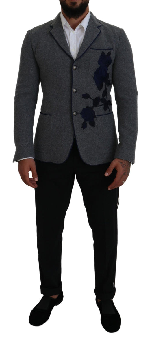 - Elegant Gray Wool Blazer with Blue Rose Embroidery