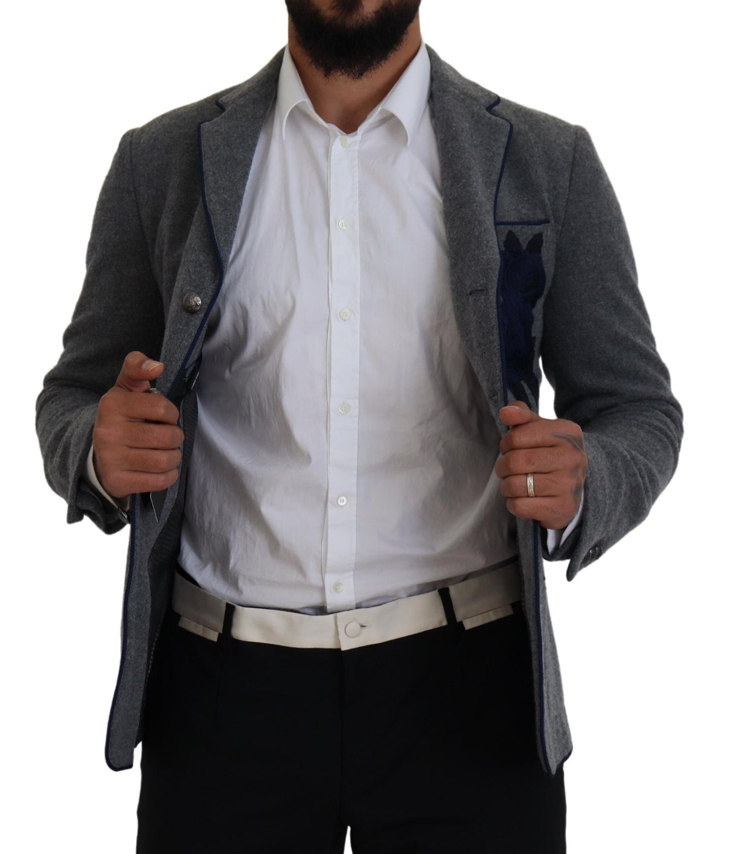 - Elegant Gray Wool Blazer with Blue Rose Embroidery
