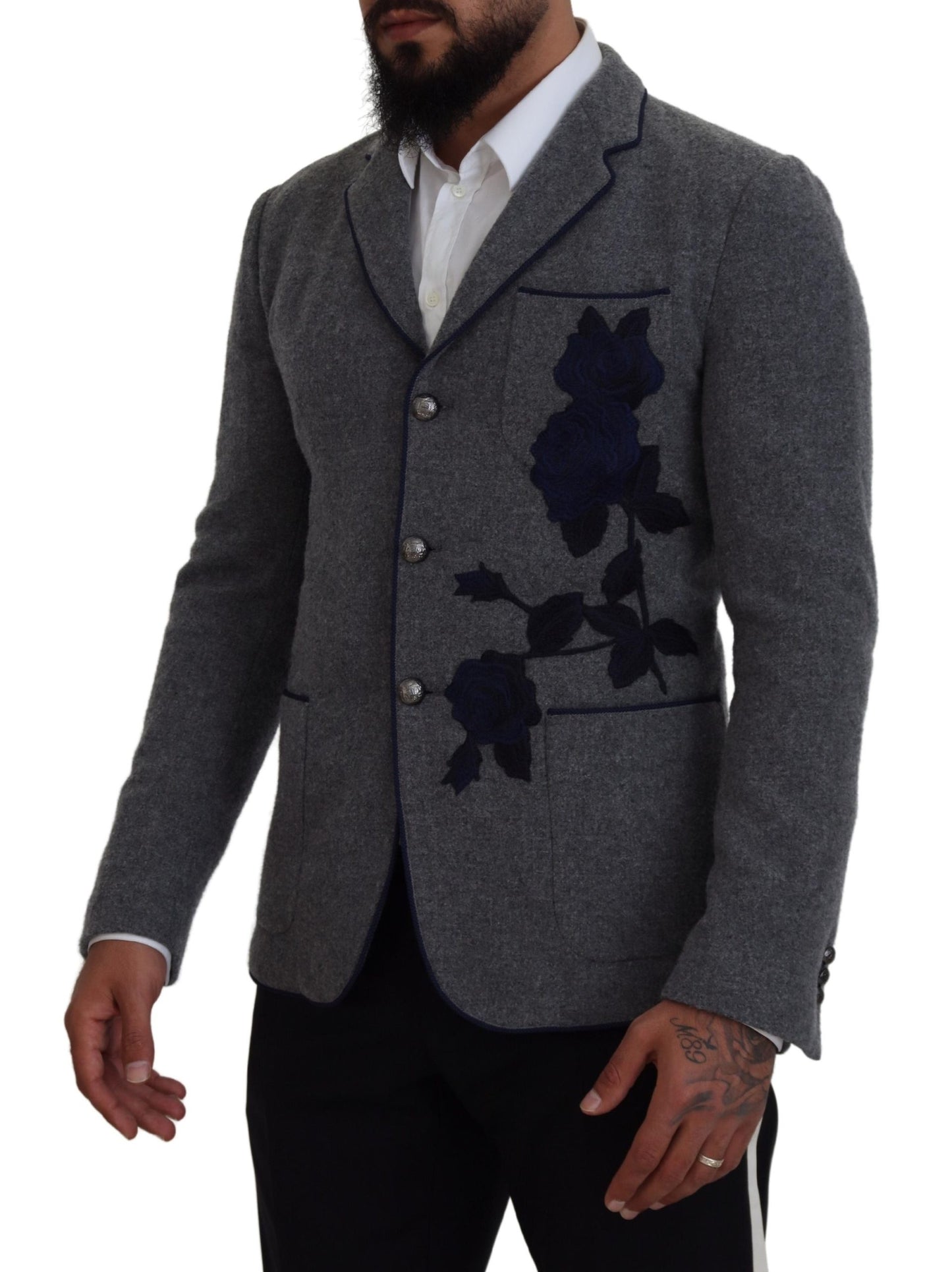 - Elegant Gray Wool Blazer with Blue Rose Embroidery