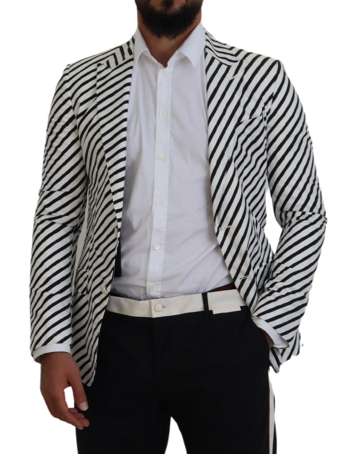 - Elegant White Striped Single Breasted Blazer