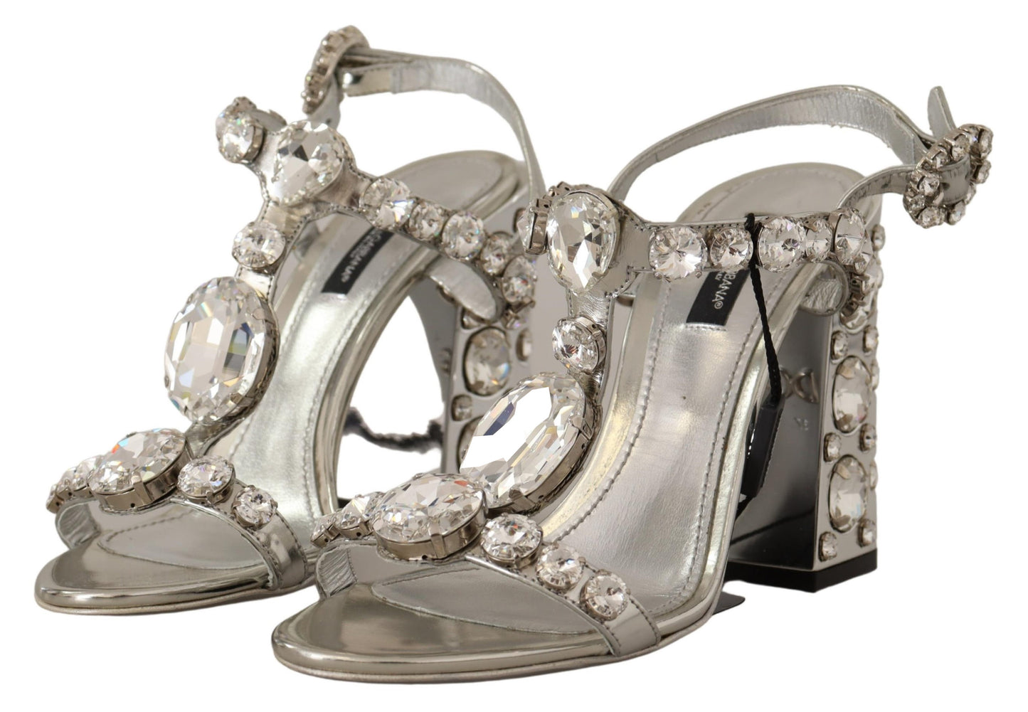 - Crystal-Embellished Silver Leather Pumps