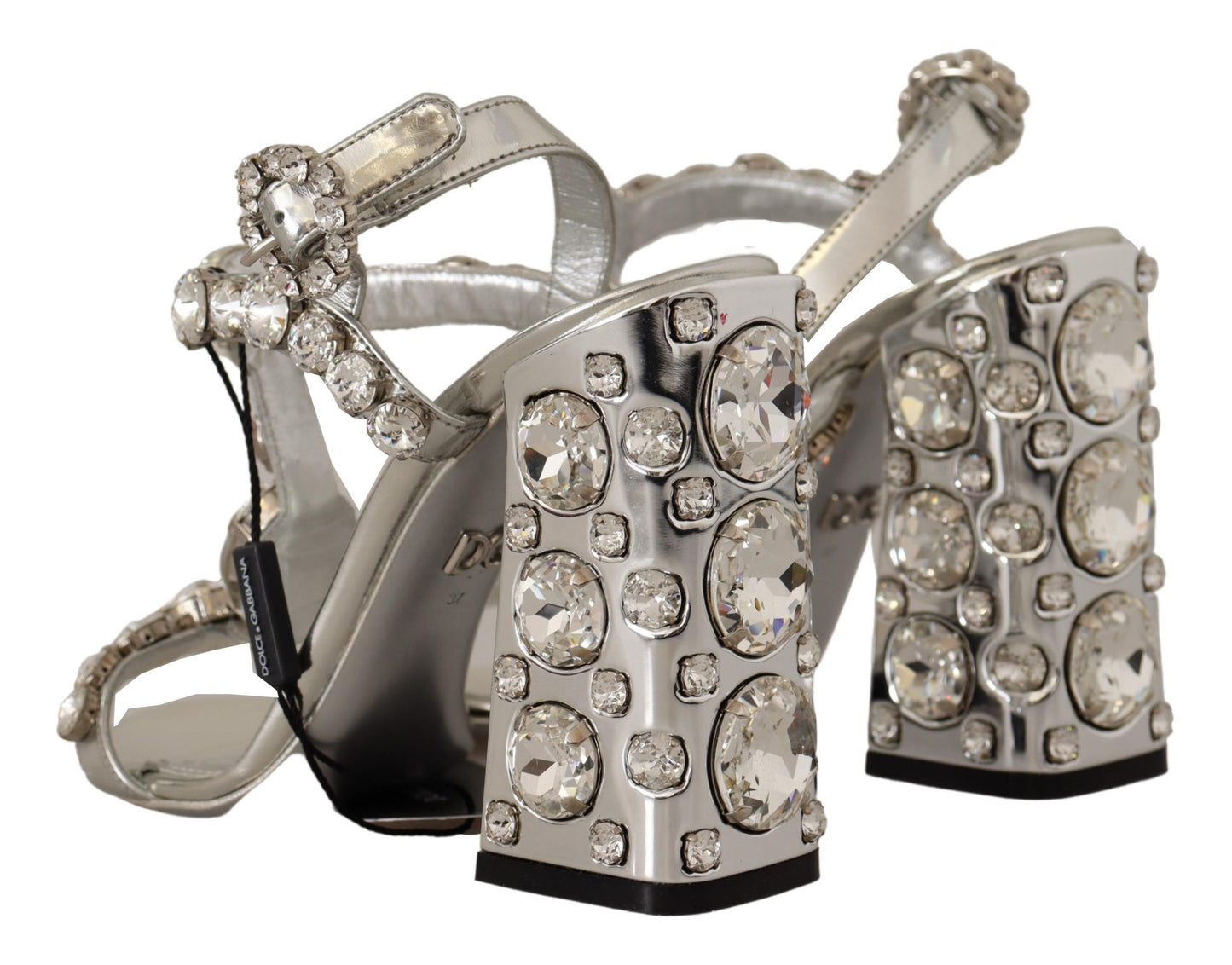 - Crystal-Embellished Silver Leather Pumps
