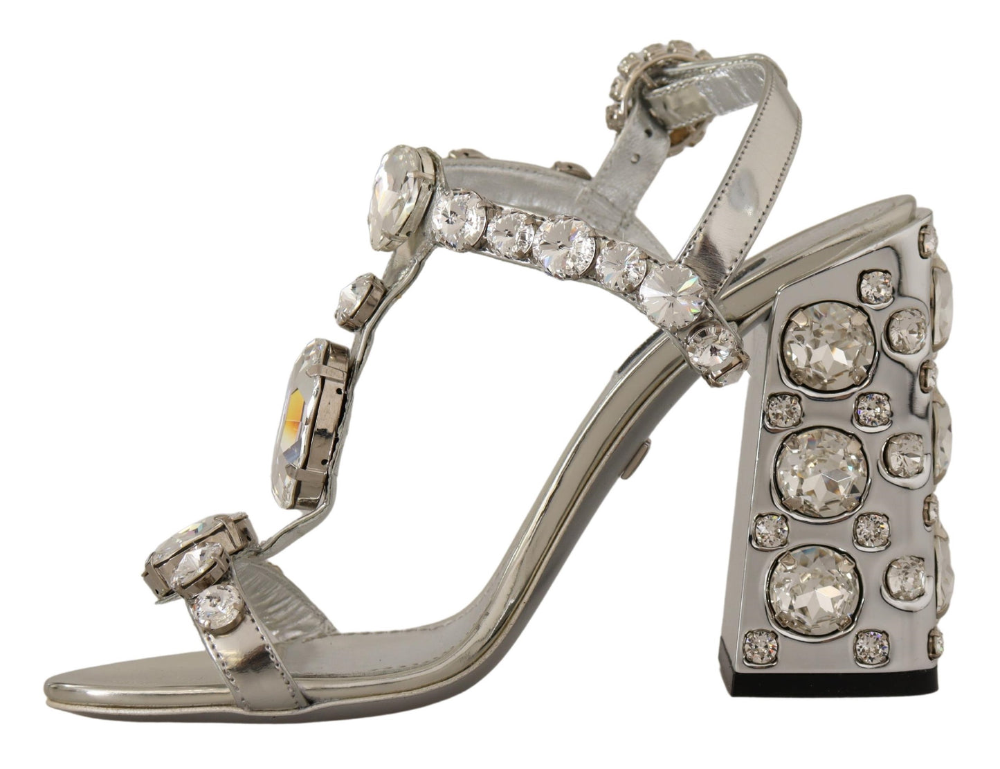 - Crystal-Embellished Silver Leather Pumps