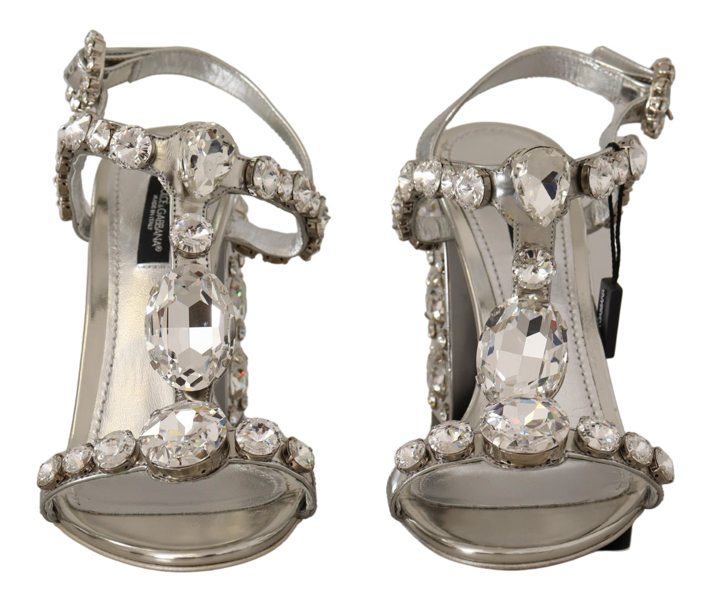- Crystal-Embellished Silver Leather Pumps