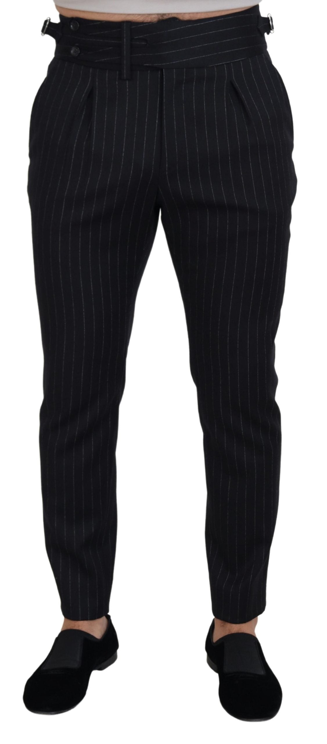 - Elegant Black Striped Wool Blend Trousers