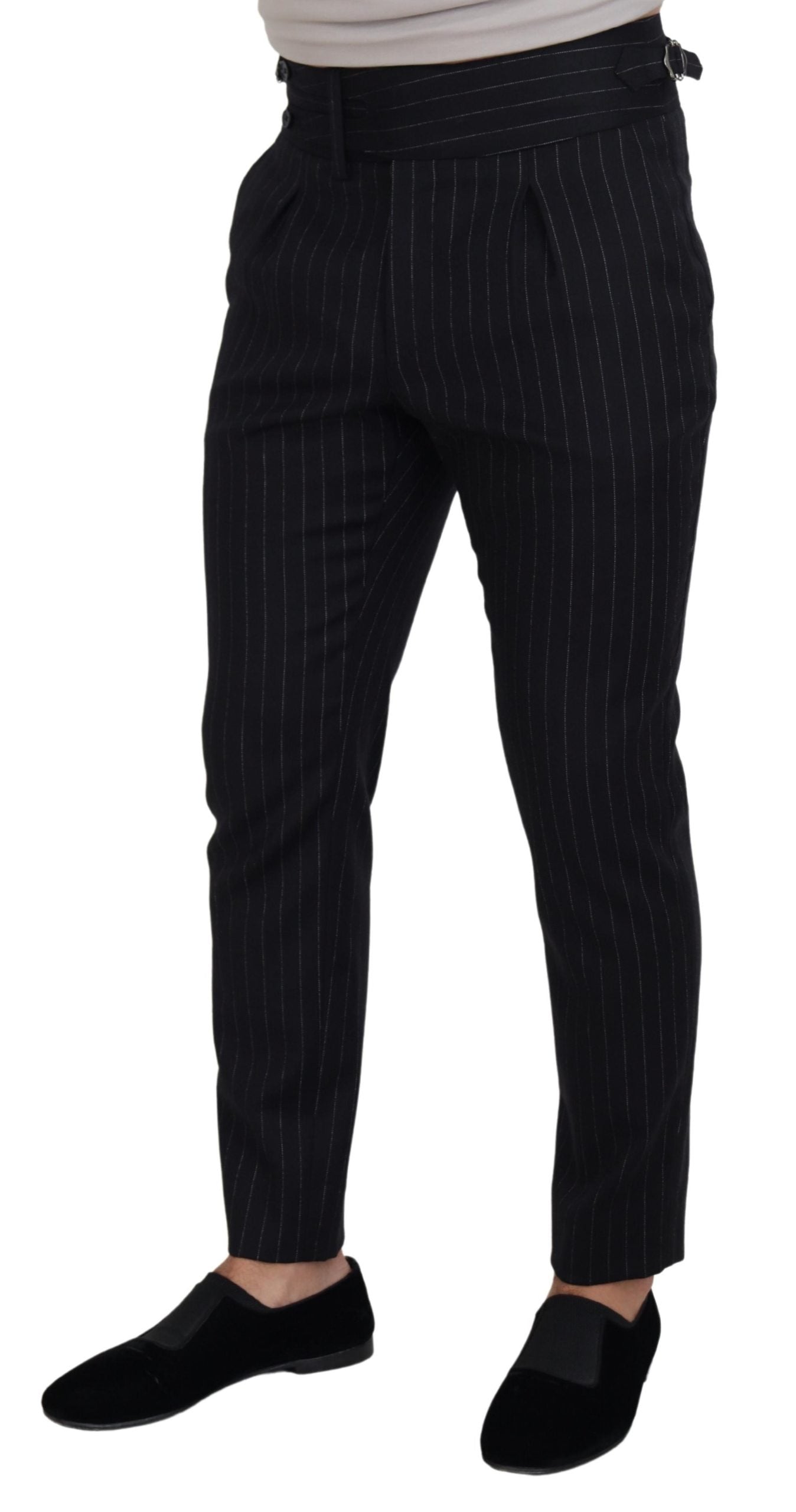 - Elegant Black Striped Wool Blend Trousers