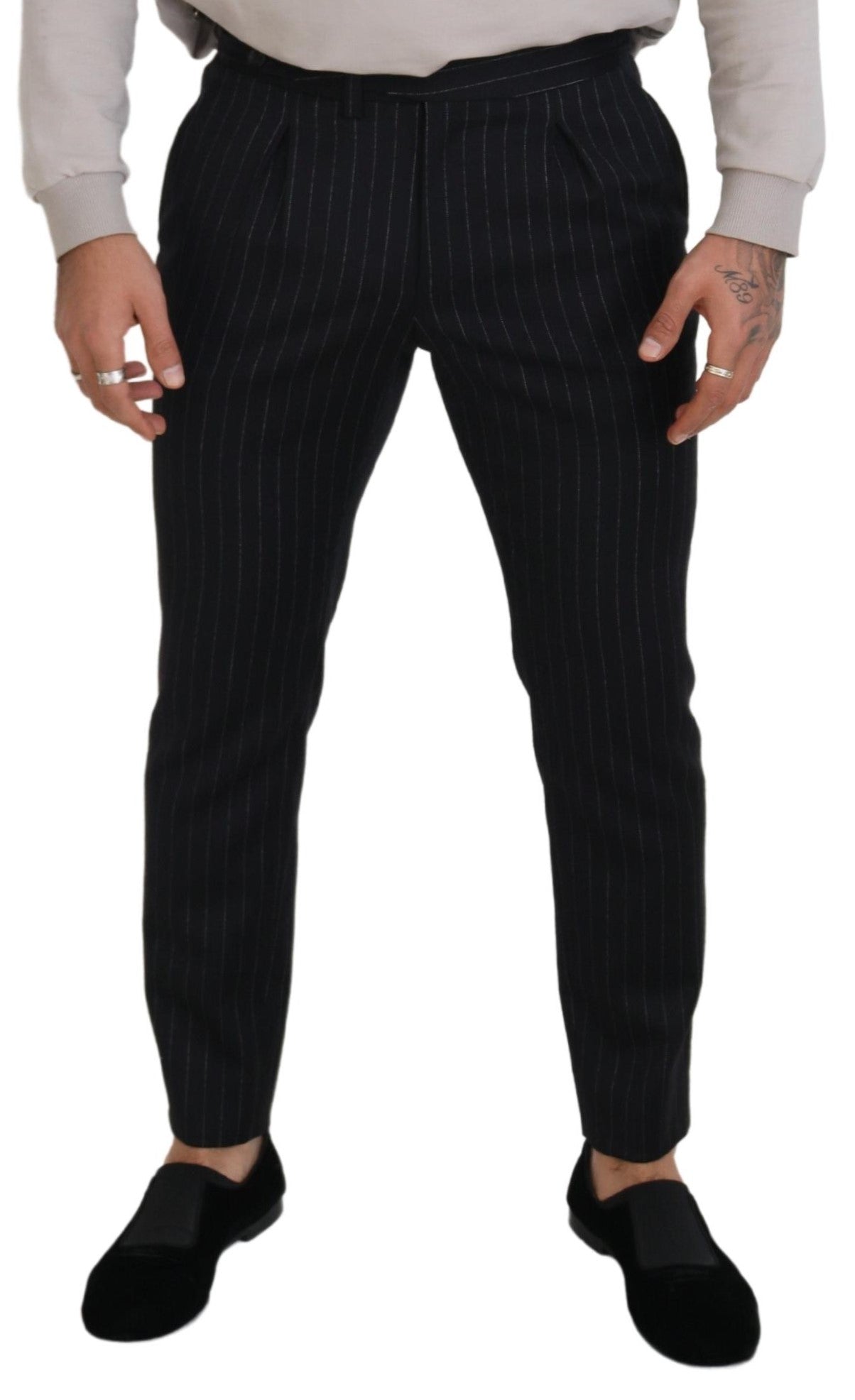 - Elegant Black Striped Wool Blend Trousers