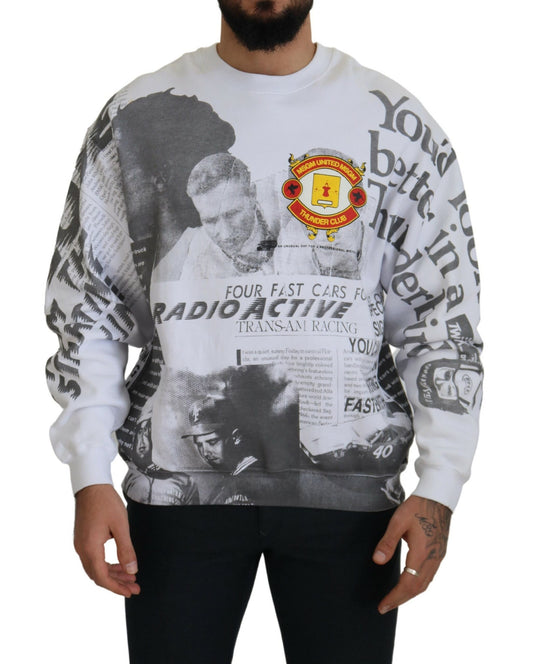 MSGM Men's Racing Print White Crewneck Cotton Sweater