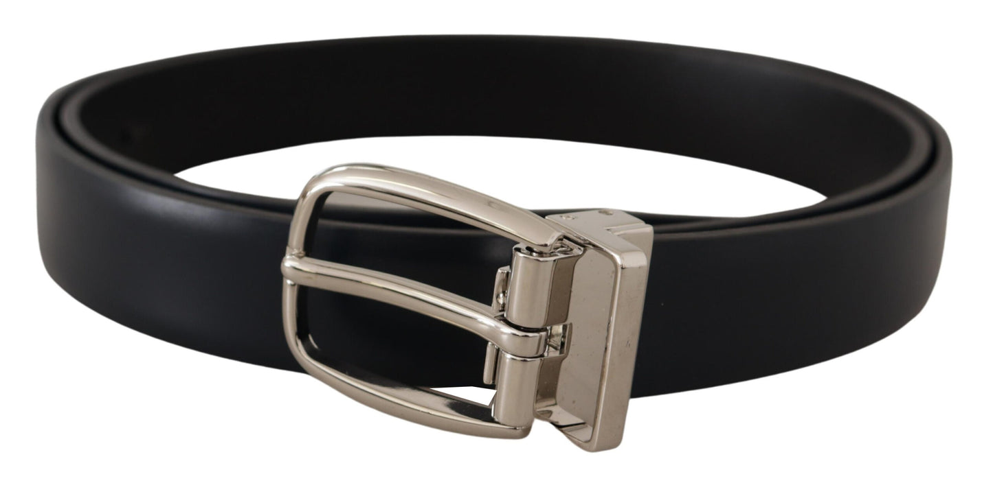 - Elegant Black Leather Belt with Silver Buckle