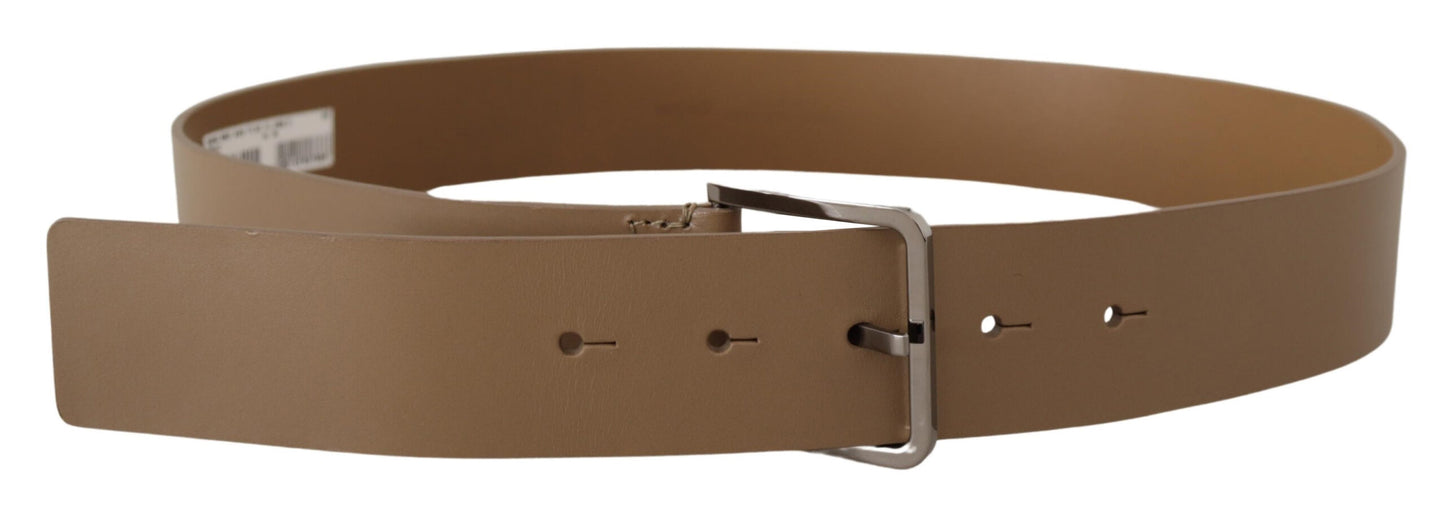 - Beige Leather Statement Belt with Silver Buckle