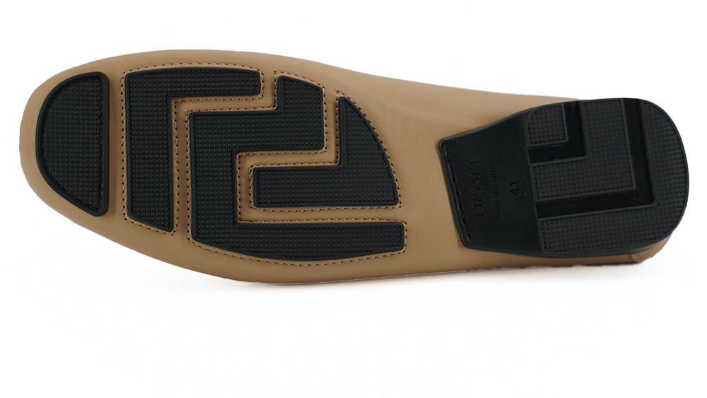 - Exquisite Medusa Gold-Tone Leather Loafers