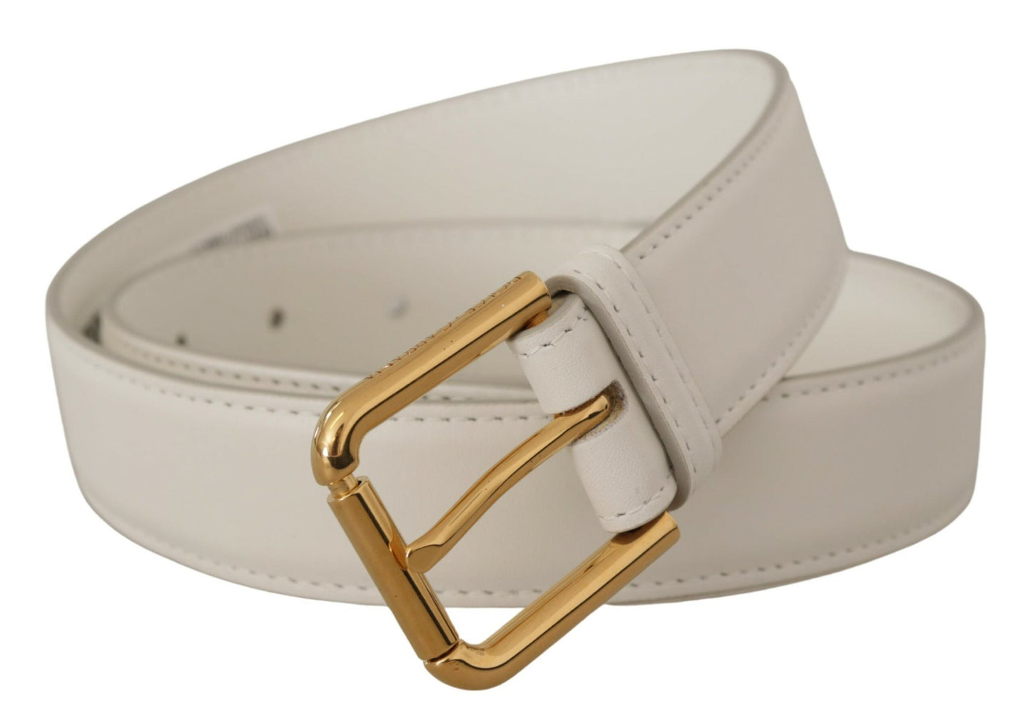 - Chic White Leather Belt with Gold Engraved Buckle