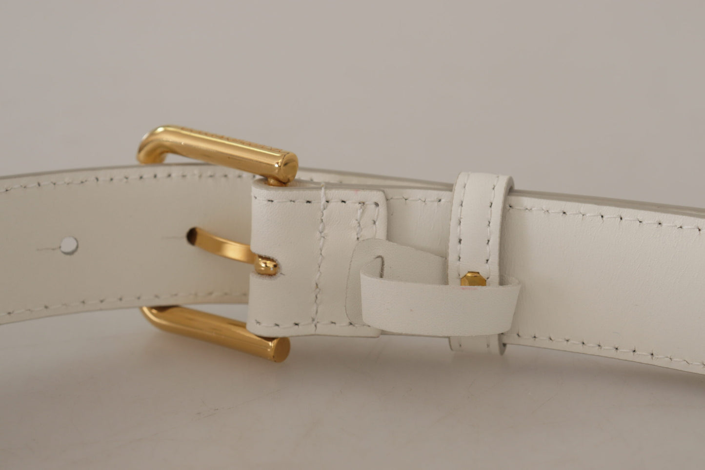 - Chic White Leather Belt with Gold Engraved Buckle