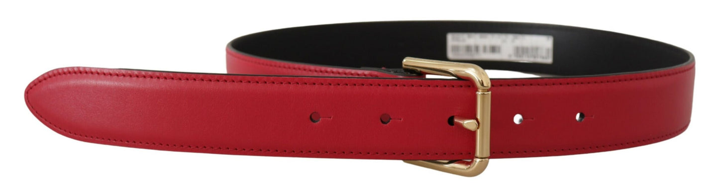 - Elegant Red Leather Belt with Gold-Tone Buckle