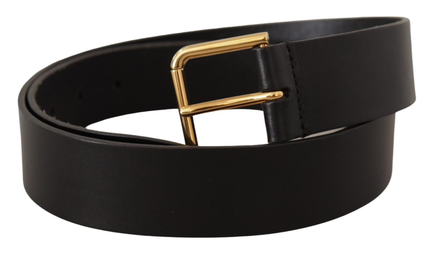 - Elegant Black Leather Belt with Gold-Tone Buckle