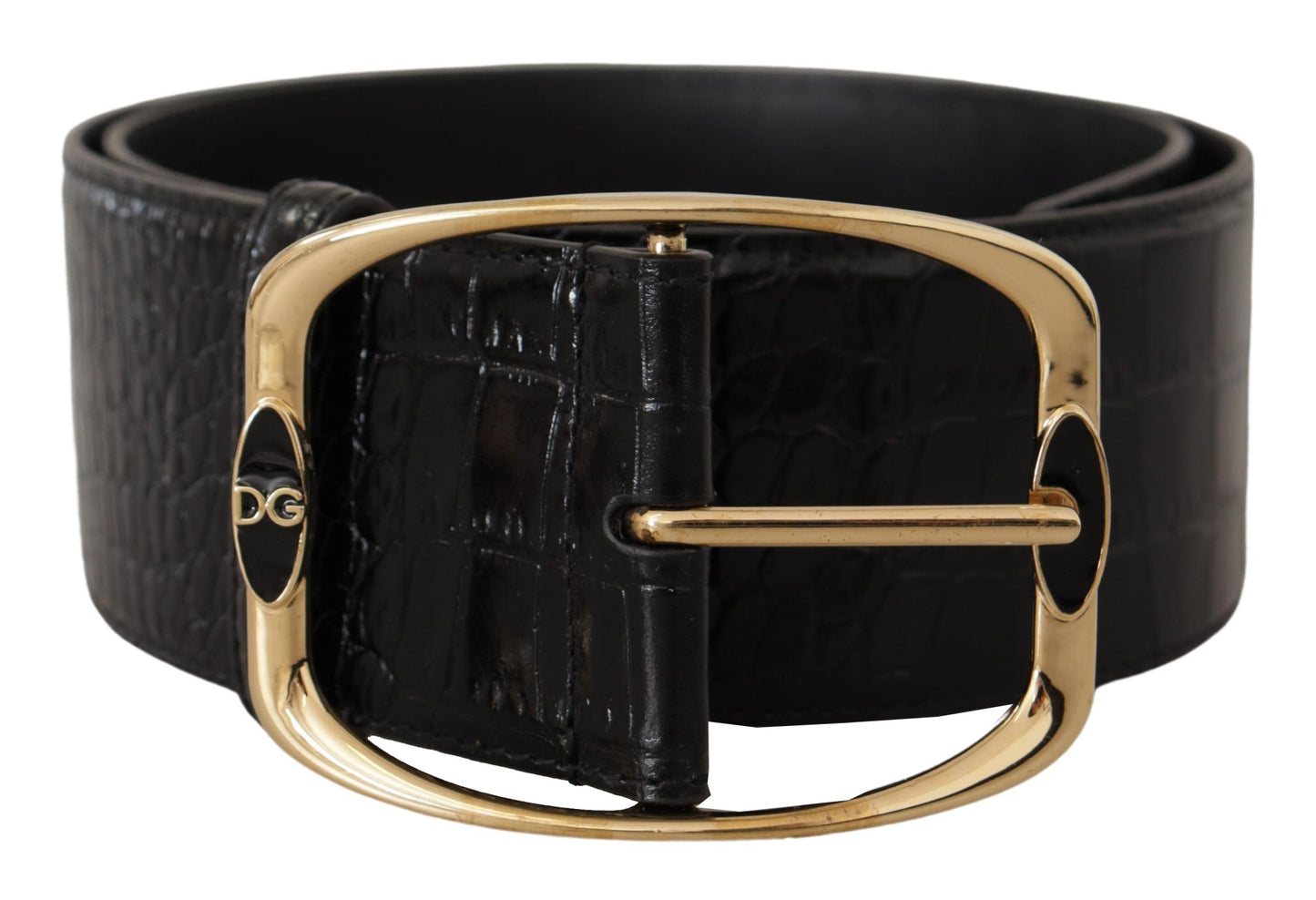 - Black Crocodile Print Leather Logo Belt
