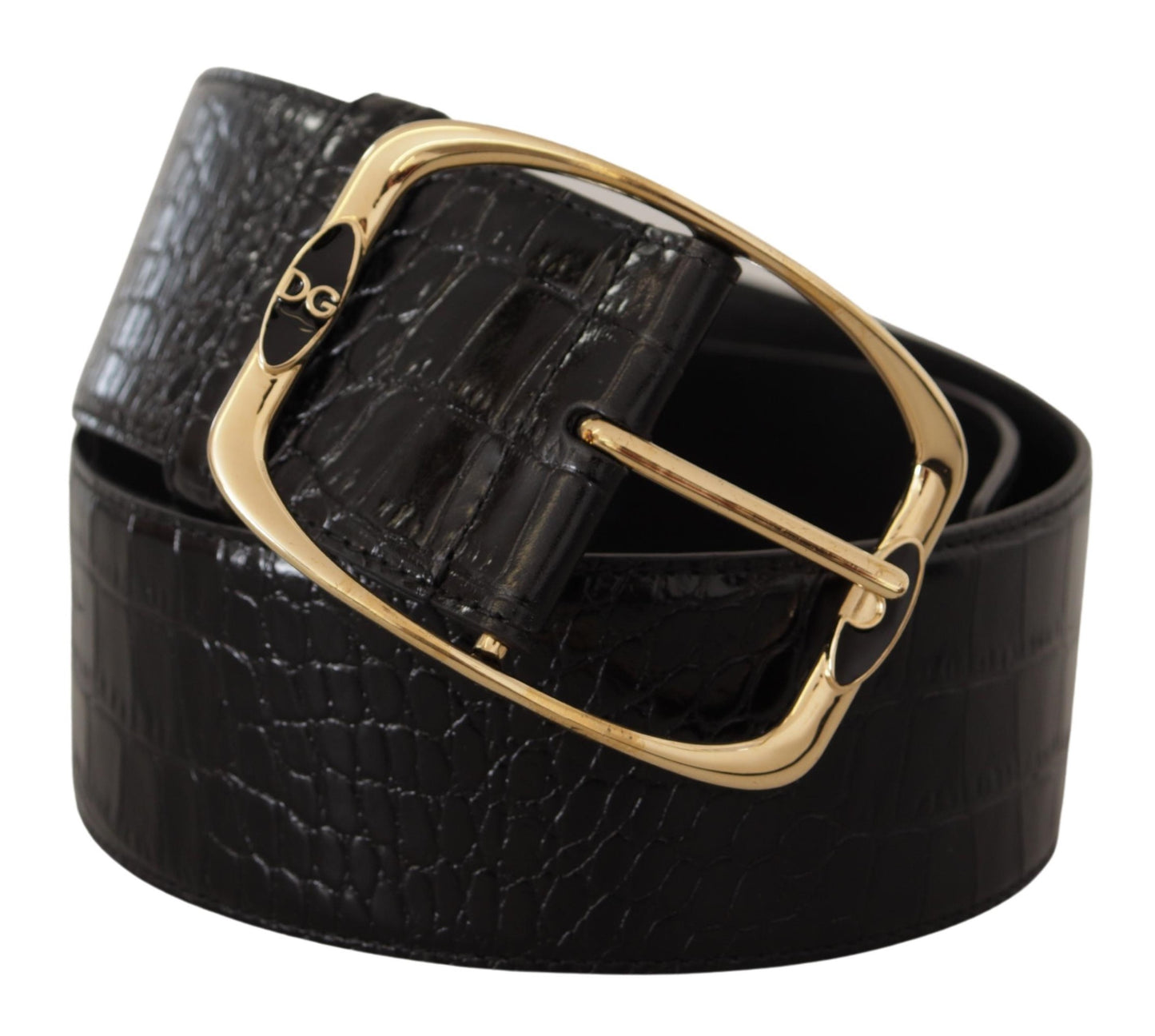 - Black Crocodile Print Leather Logo Belt