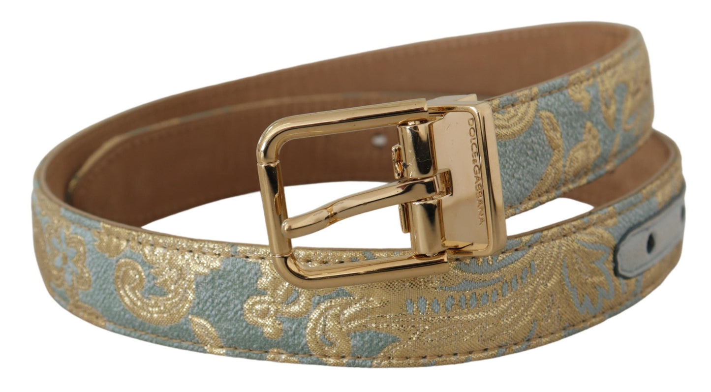 - Elegant Light Blue Leather Belt with Gold Buckle