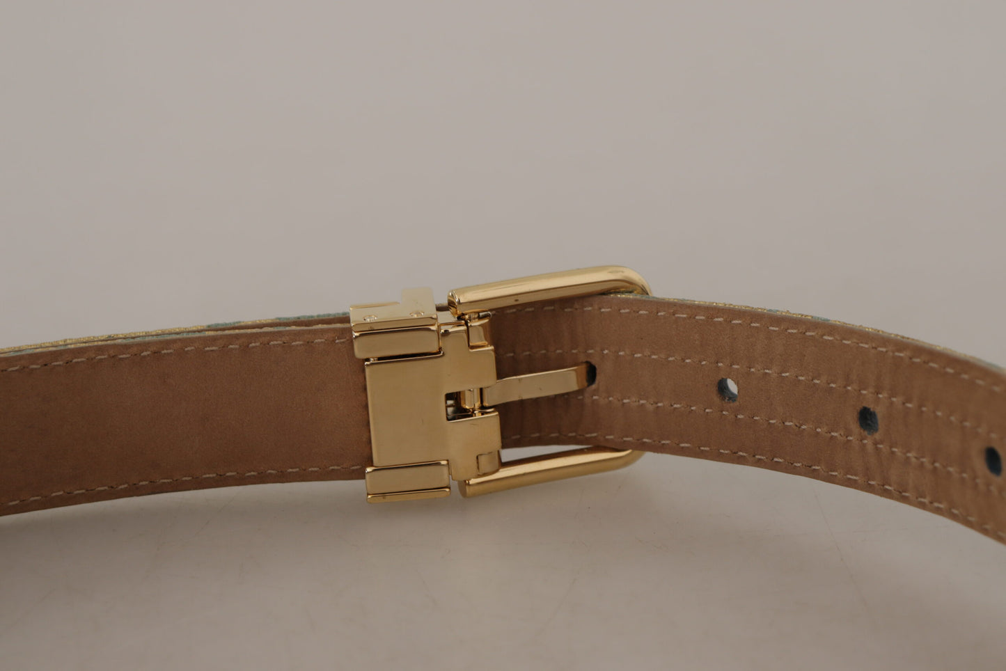 - Elegant Light Blue Leather Belt with Gold Buckle