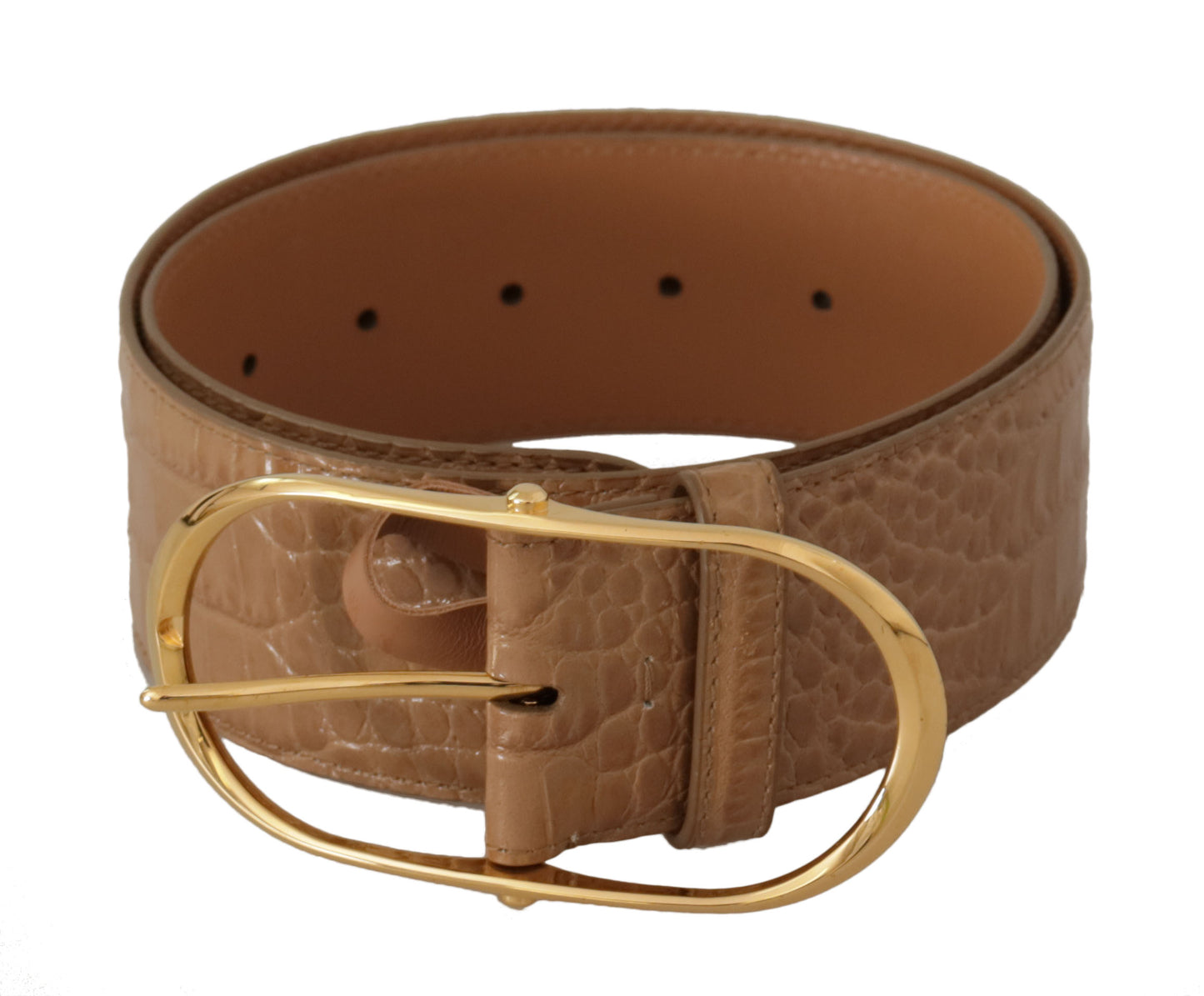 - Elegant Beige Leather Belt with Engraved Buckle