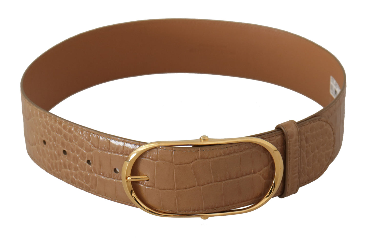 - Elegant Beige Leather Belt with Engraved Buckle