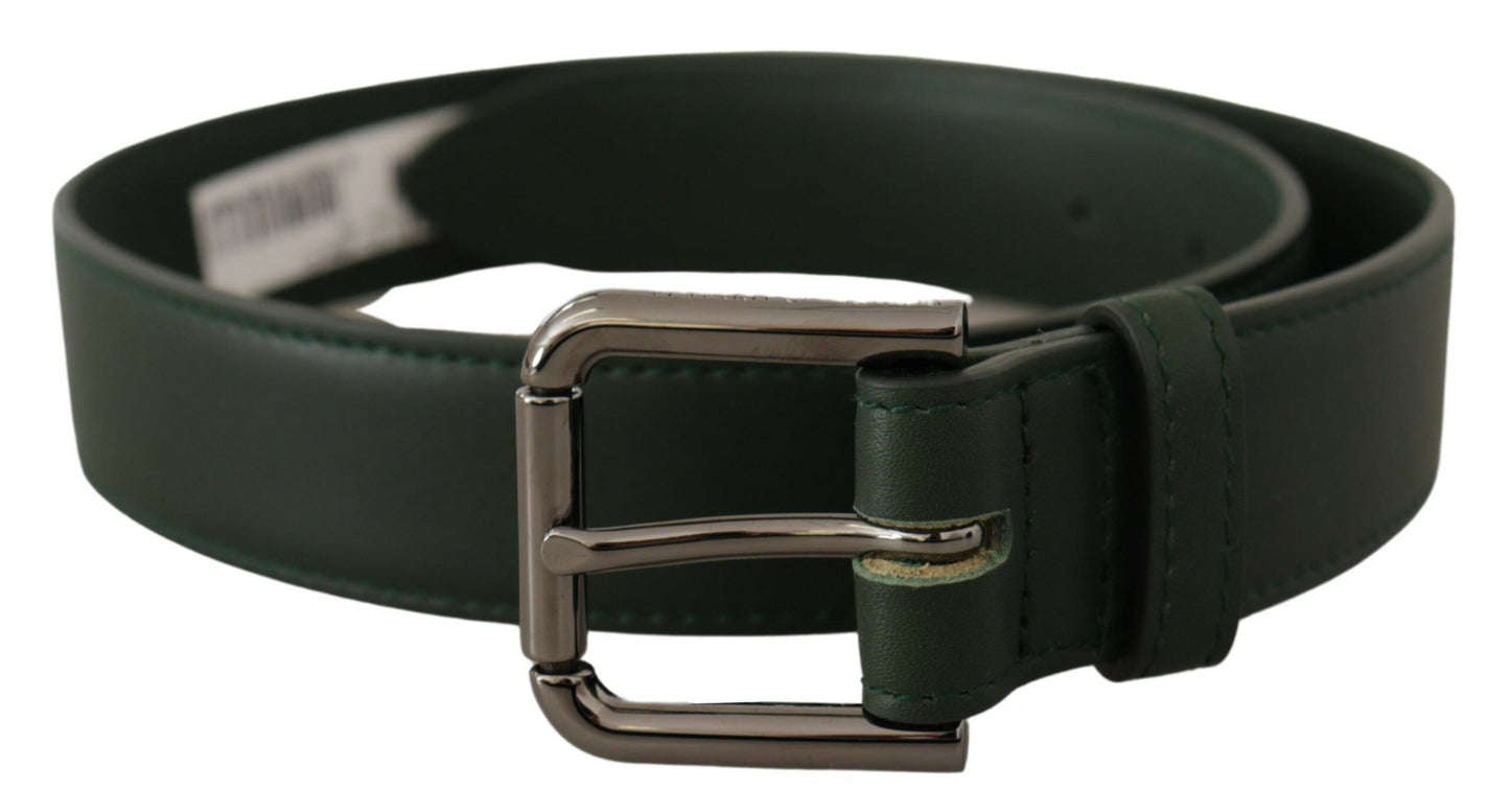 - Elegant Dark Green Leather Belt with Logo Buckle