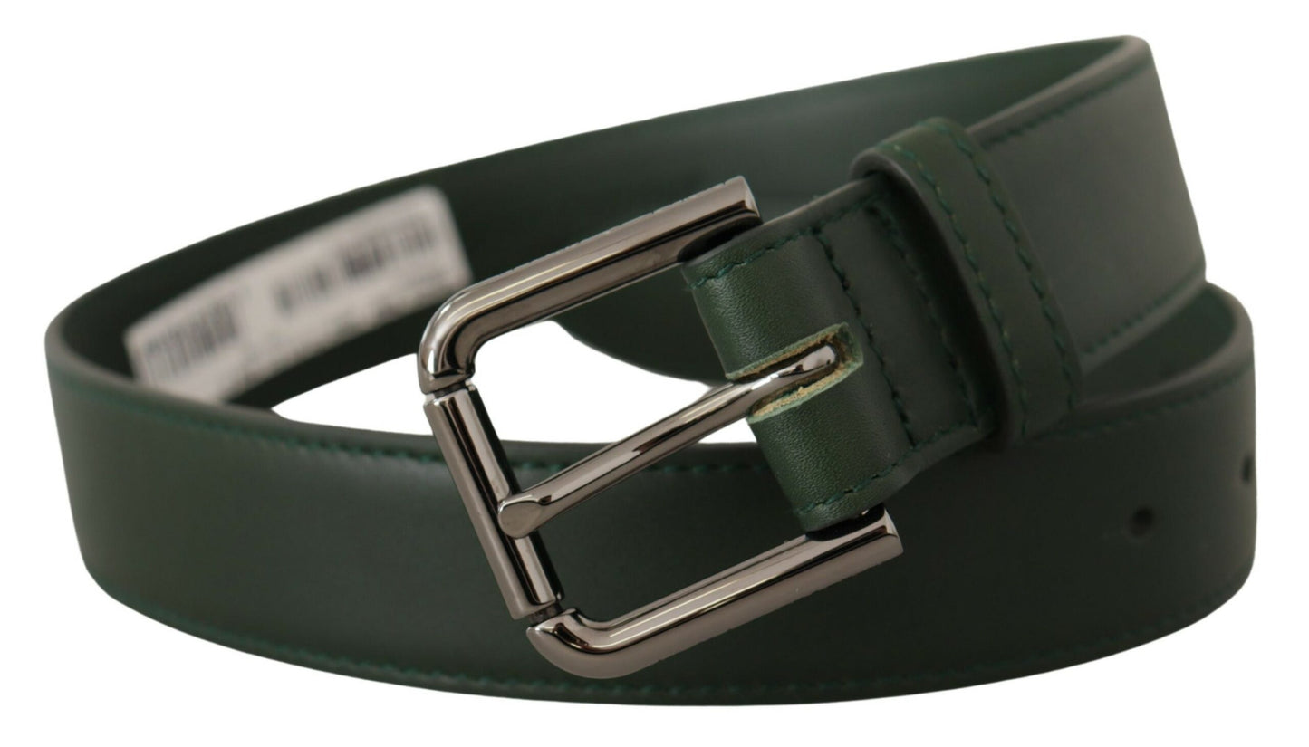 - Elegant Dark Green Leather Belt with Logo Buckle