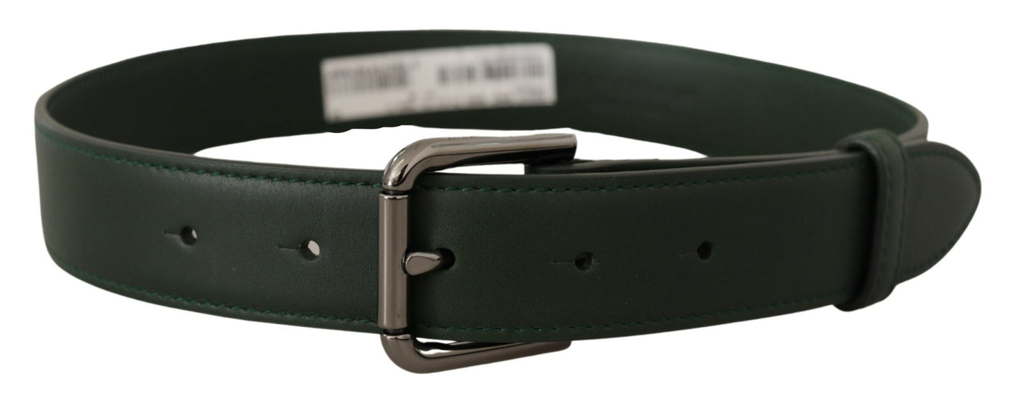 - Elegant Dark Green Leather Belt with Logo Buckle
