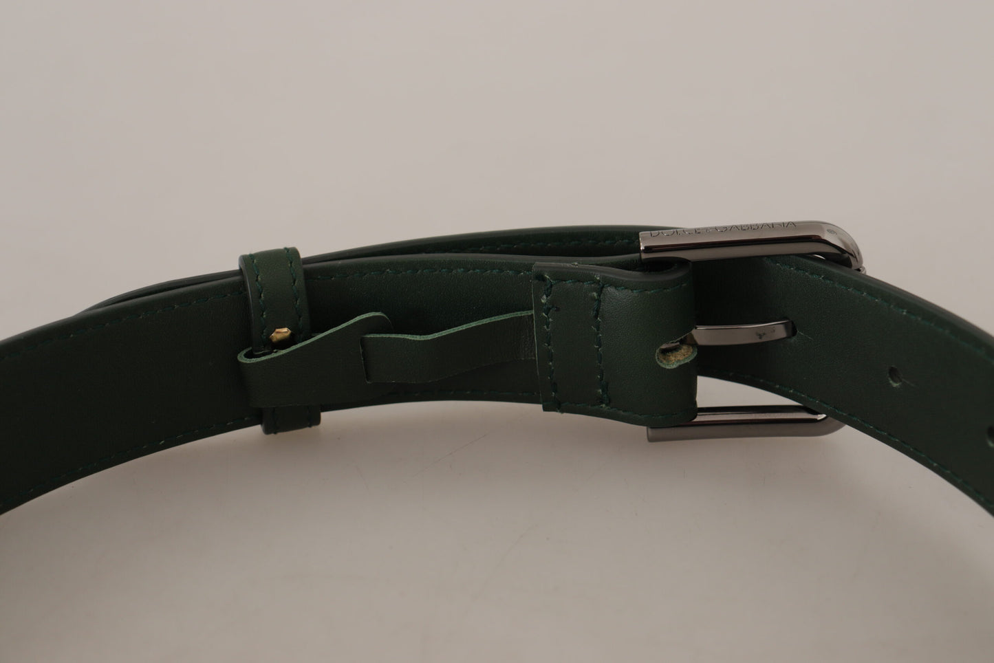 - Elegant Dark Green Leather Belt with Logo Buckle