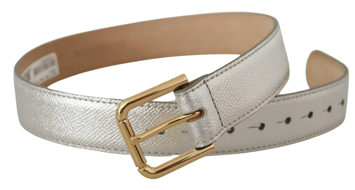 - Elegant Silver Leather Belt with Engraved Buckle