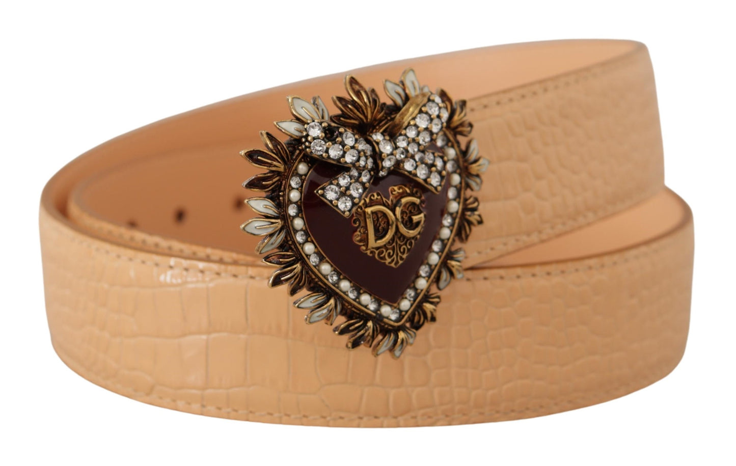- Enchanting Nude Leather Belt with Engraved Buckle