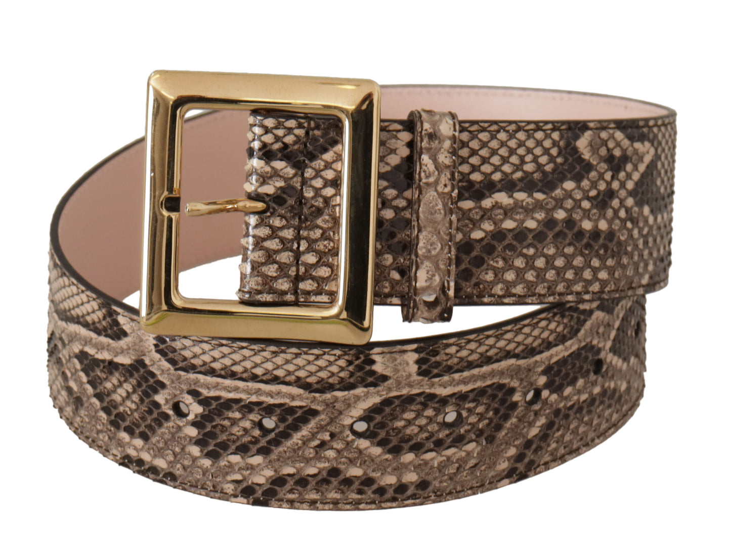 - Brown Snakeskin Leather Belt with Logo Buckle