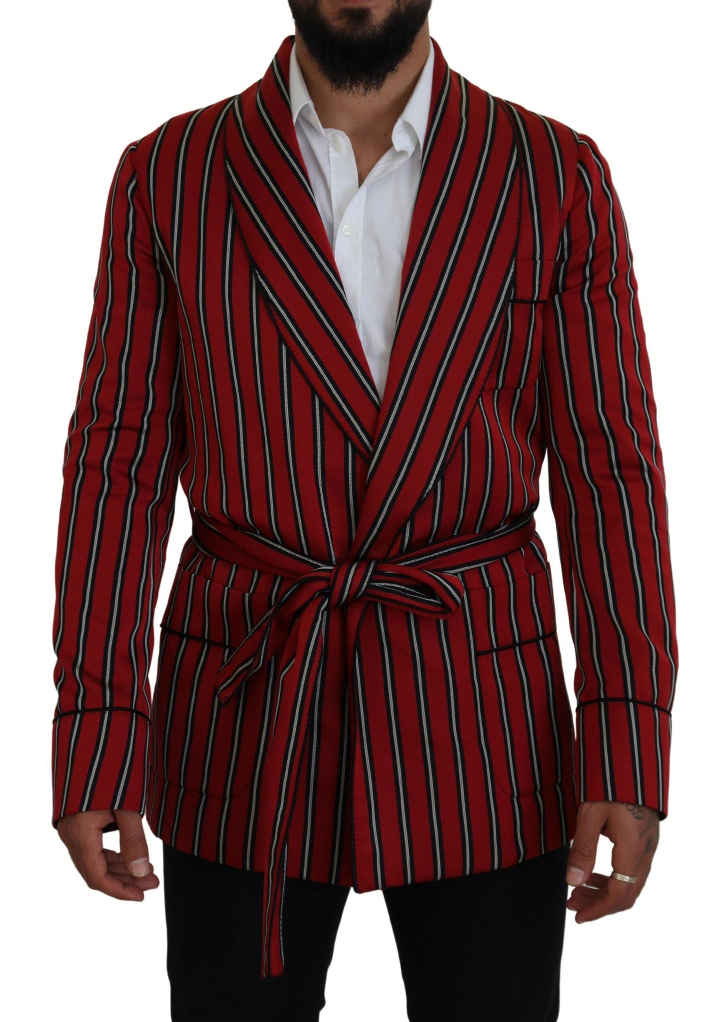 - Elegant Red Striped Long Robe Luxury Wear