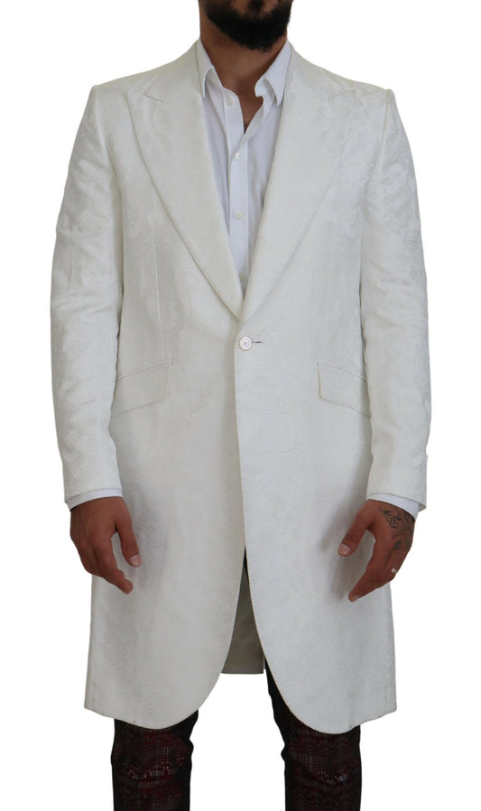 - Elegant White Floral Brocade Trench Coat
