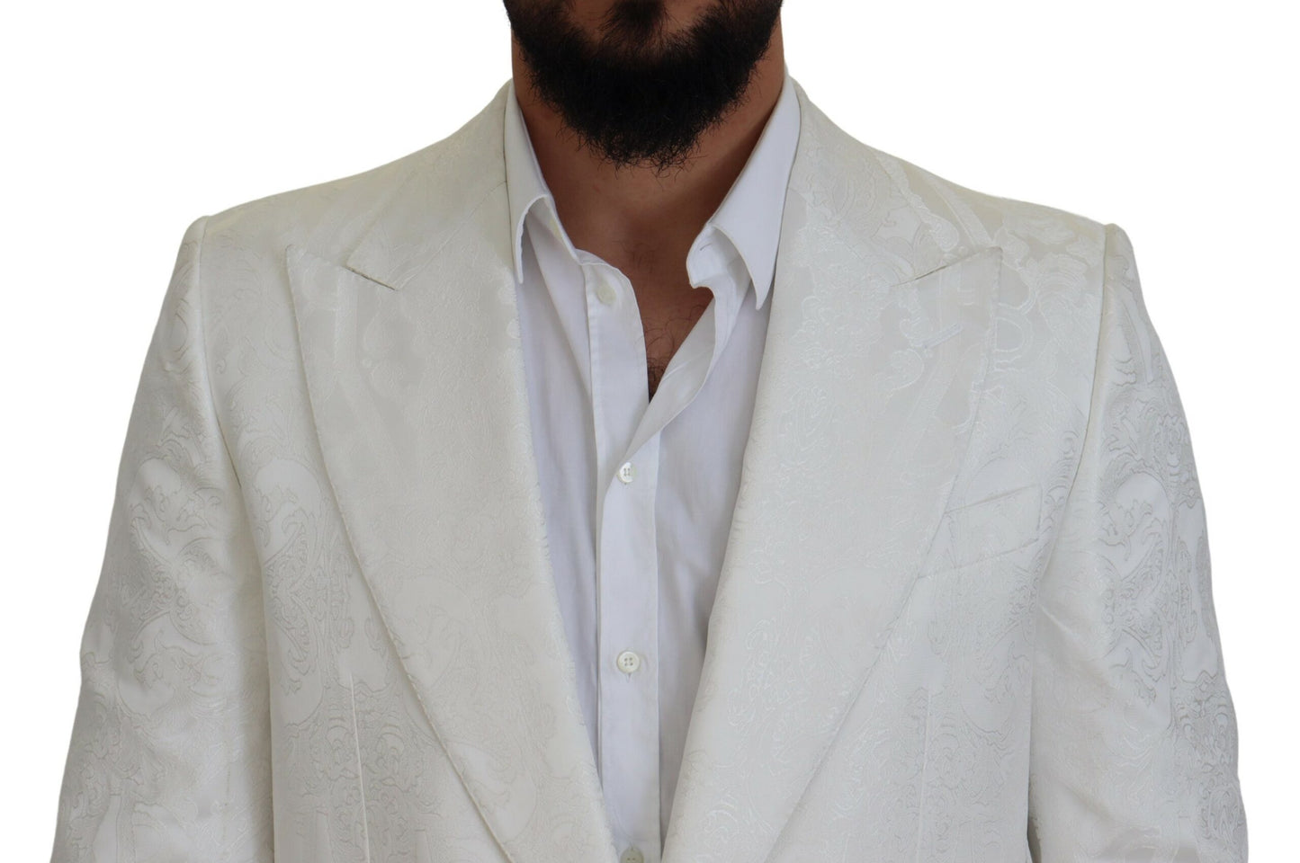 - Elegant White Floral Brocade Trench Coat