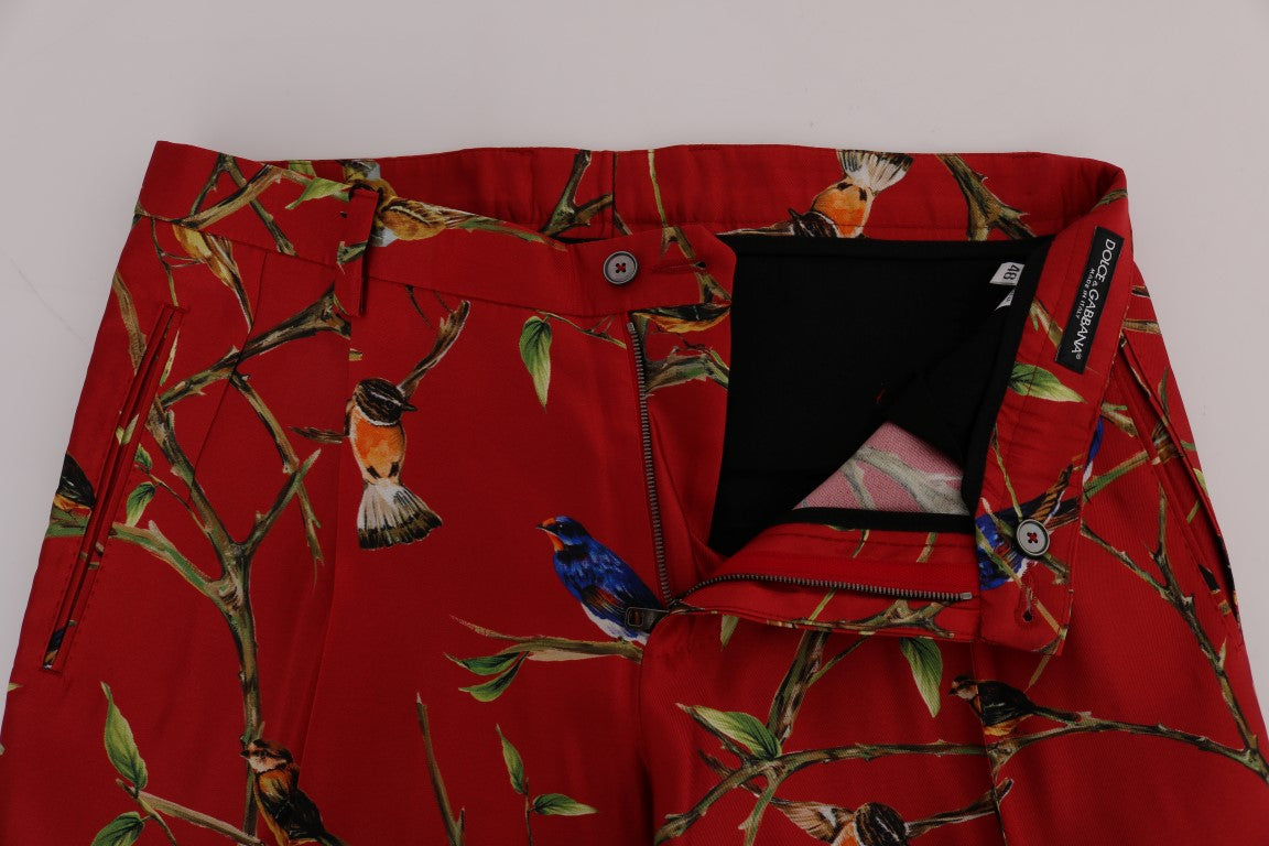 - Elegant Silk Dress Trousers in Red Bird Print