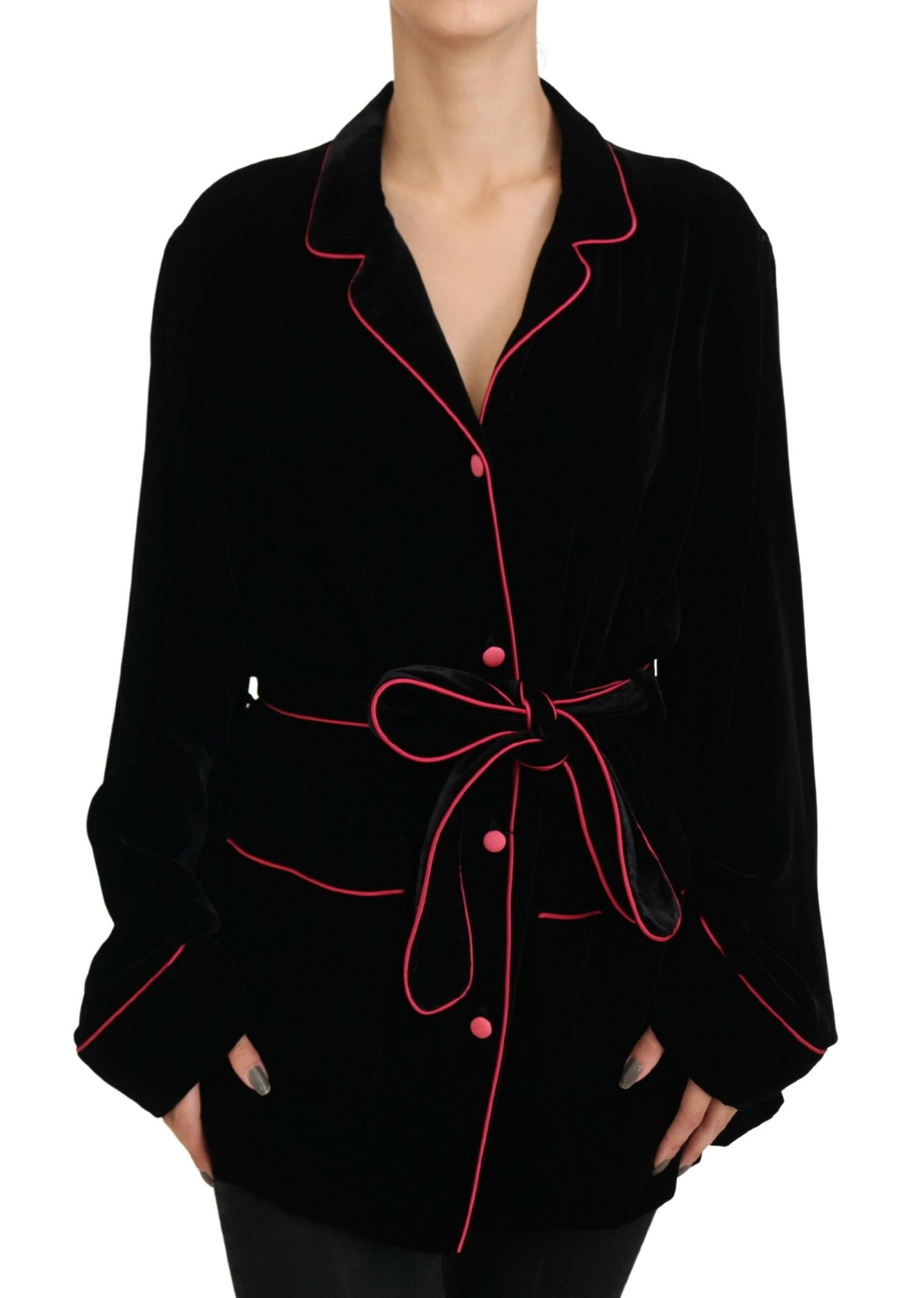 - Elegant Black Silk-Blend Jacket with Waist Belt