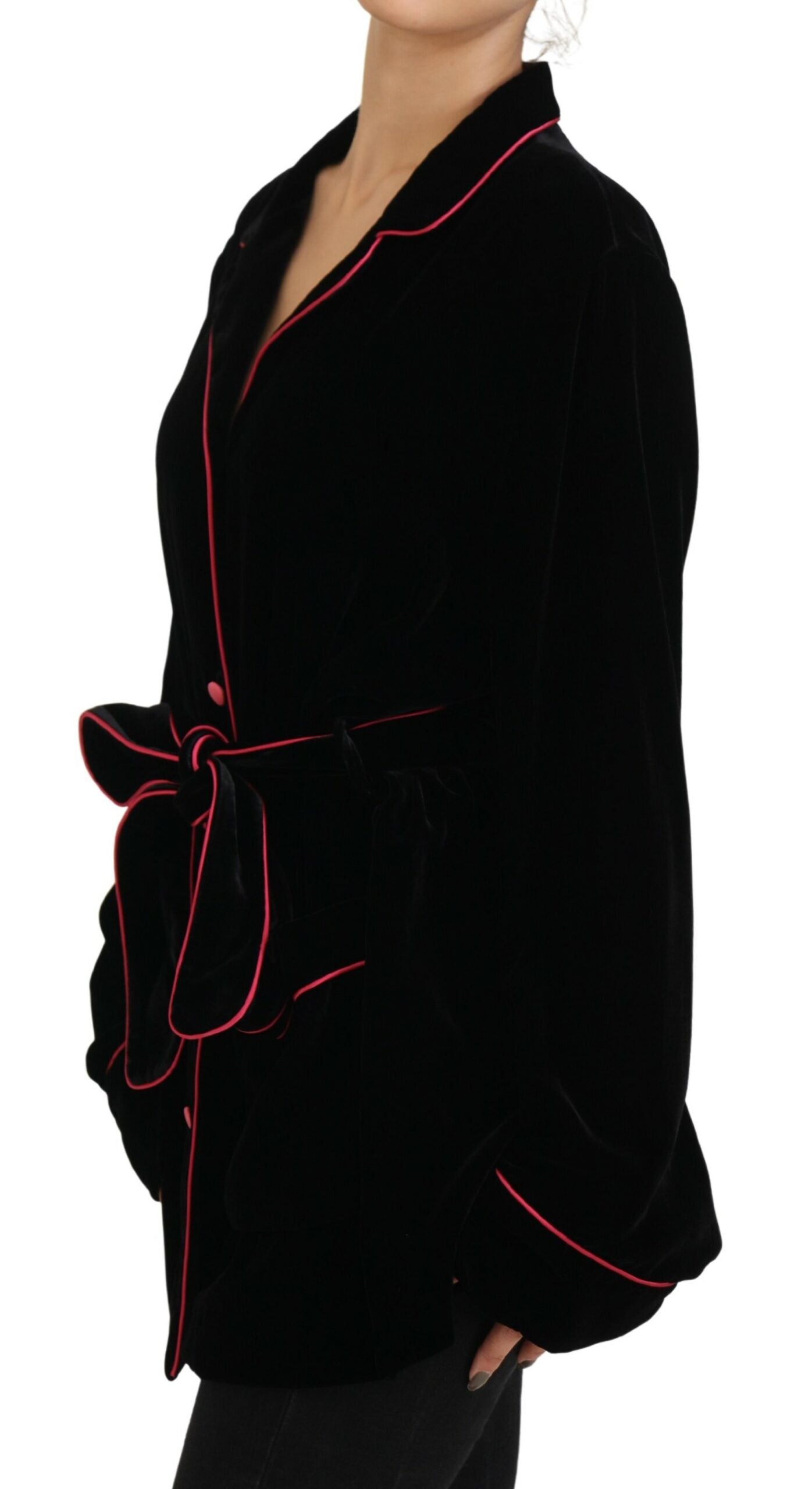 - Elegant Black Silk-Blend Jacket with Waist Belt
