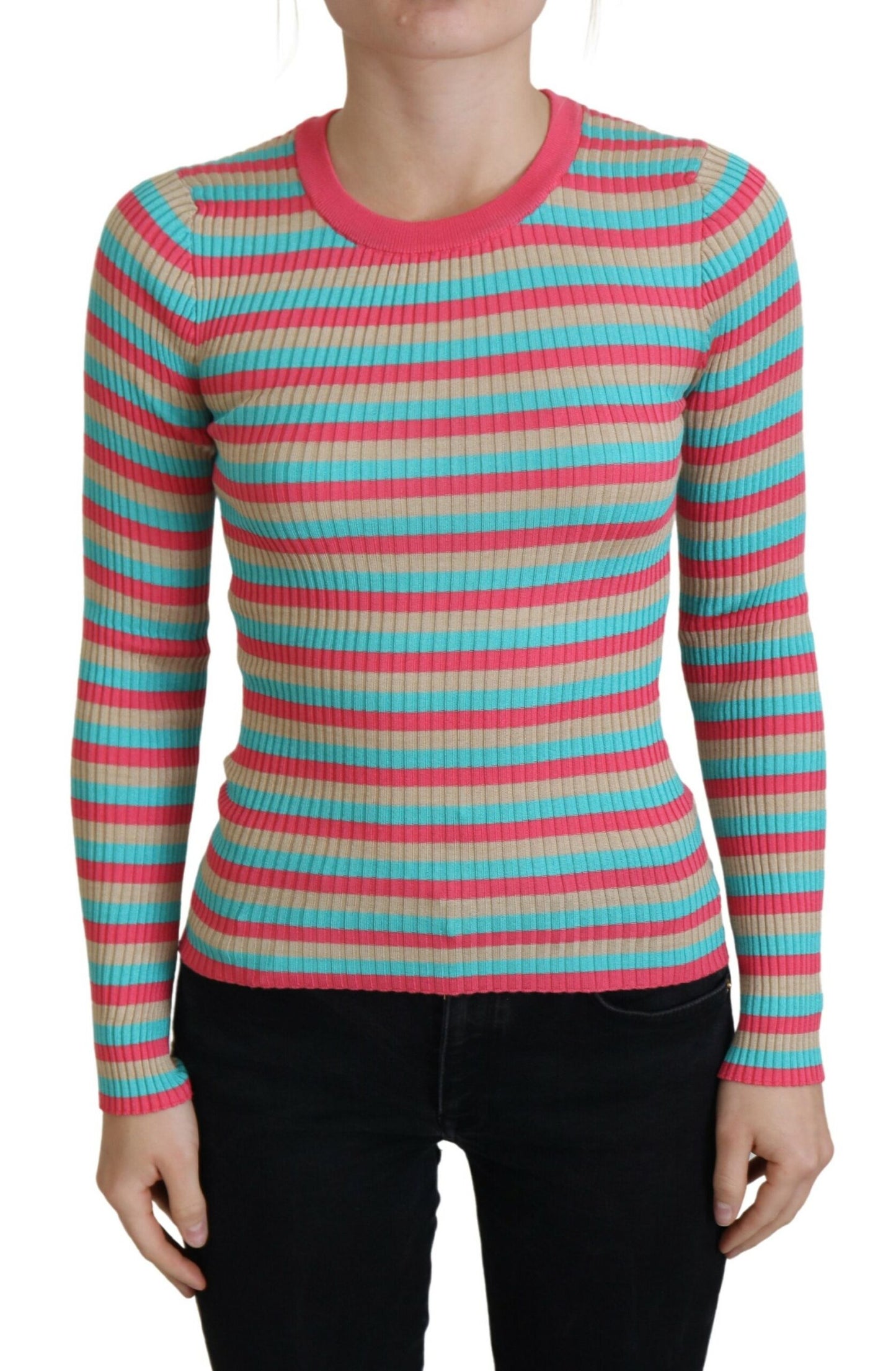 - Elegant Striped Silk Crewneck Pullover