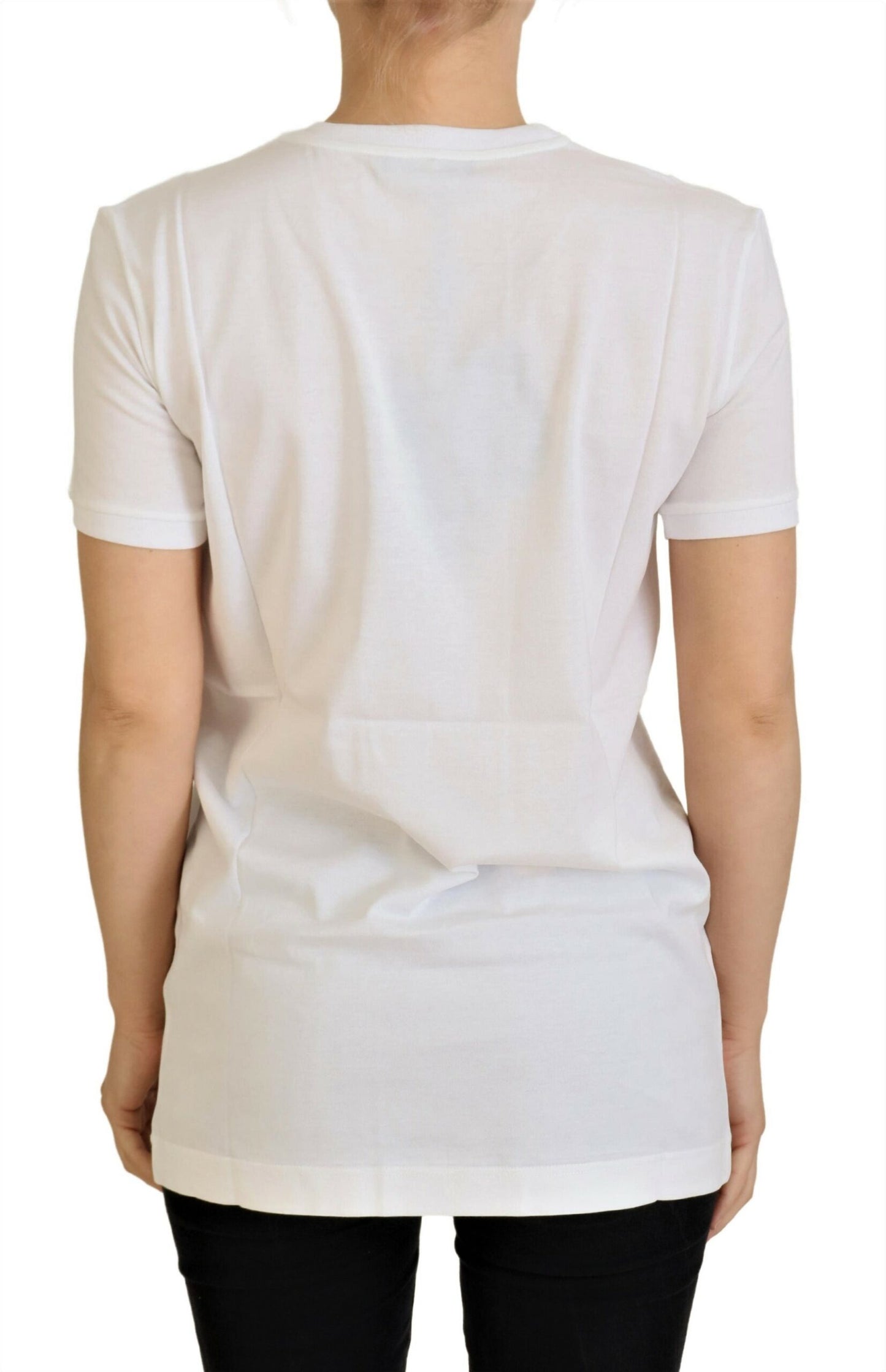 - Elegant White Crew Neck Tee with Colorful Print