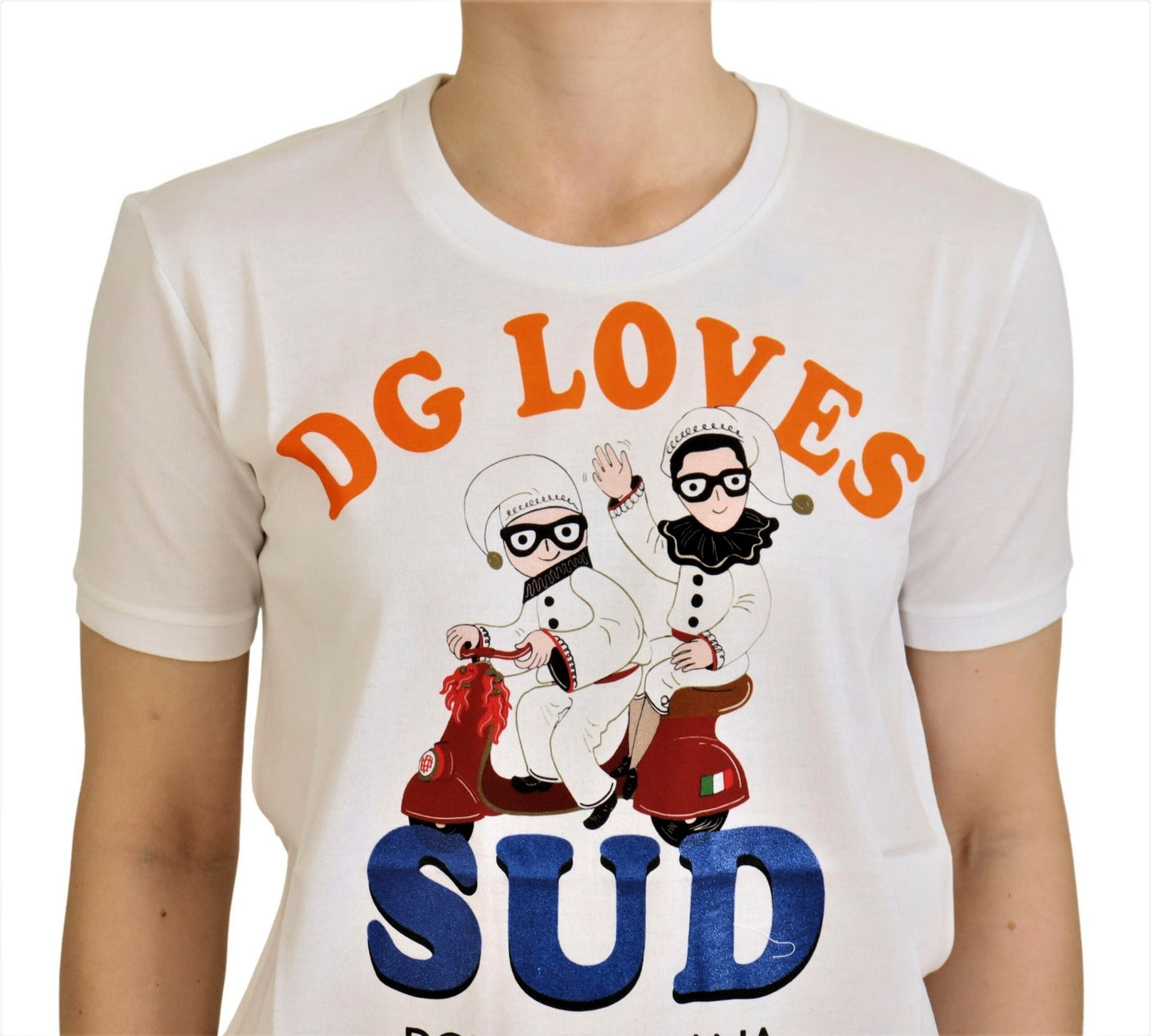 - Elegant White Crew Neck Tee with Colorful Print