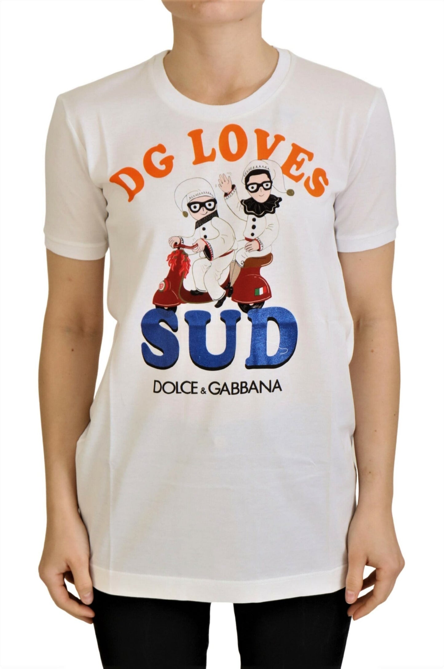 - Elegant White Crew Neck Tee with Colorful Print