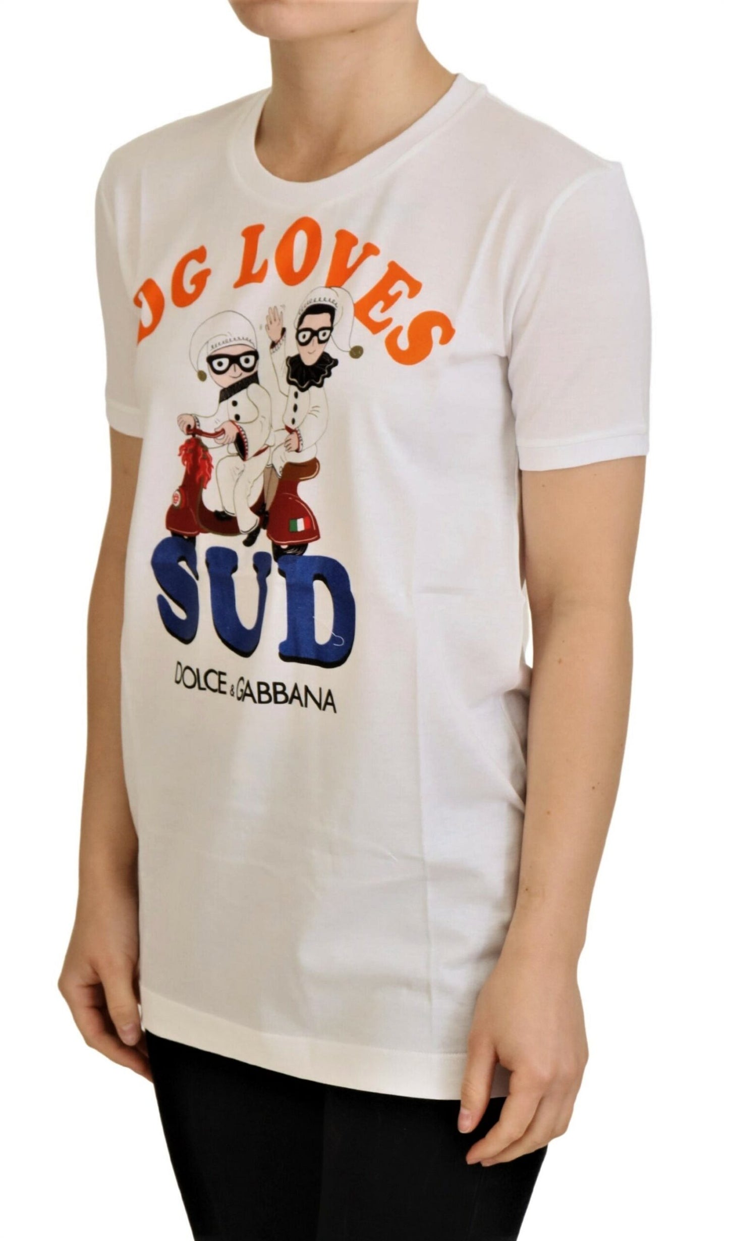 - Elegant White Crew Neck Tee with Colorful Print