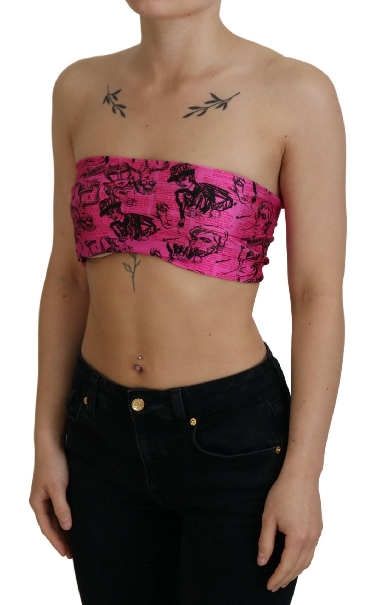 - Chic Pink Newspaper Print Cropped Top