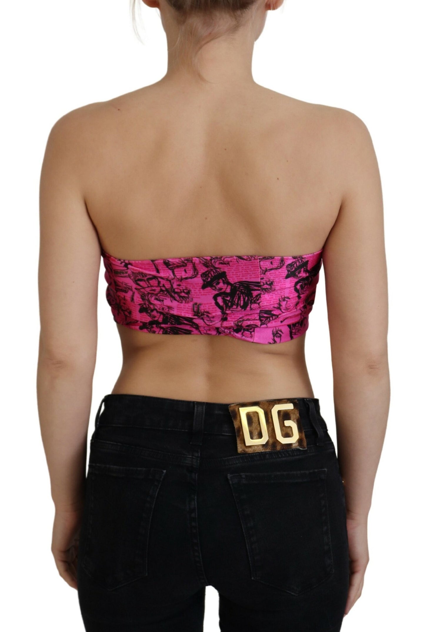 - Chic Pink Newspaper Print Cropped Top