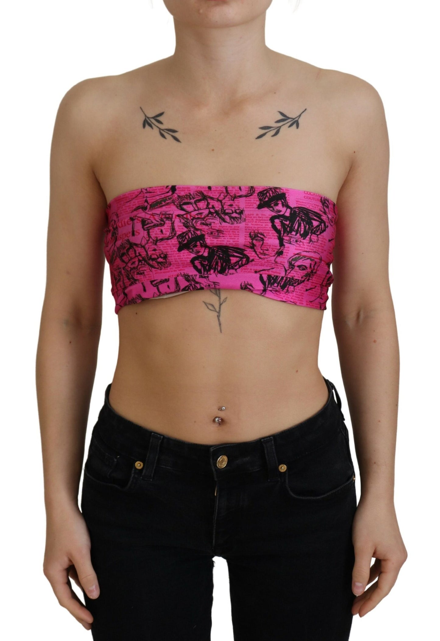 - Chic Pink Newspaper Print Cropped Top