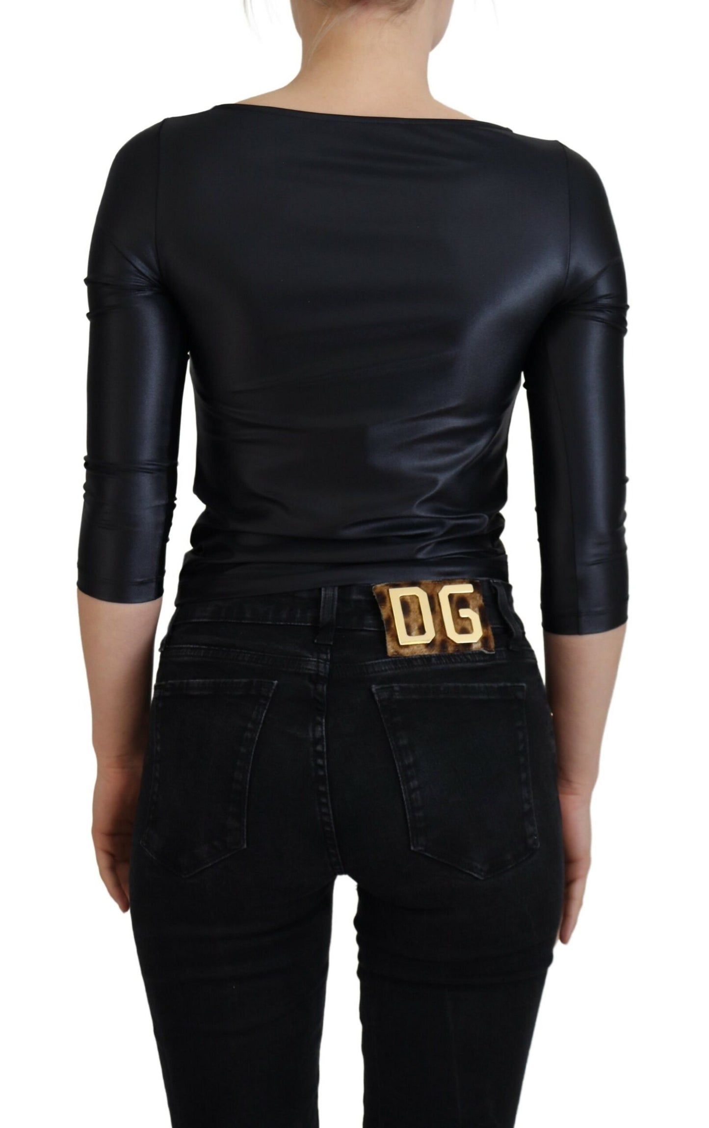 - Elegant Black 3/4 Sleeve Top with Gold Detailing