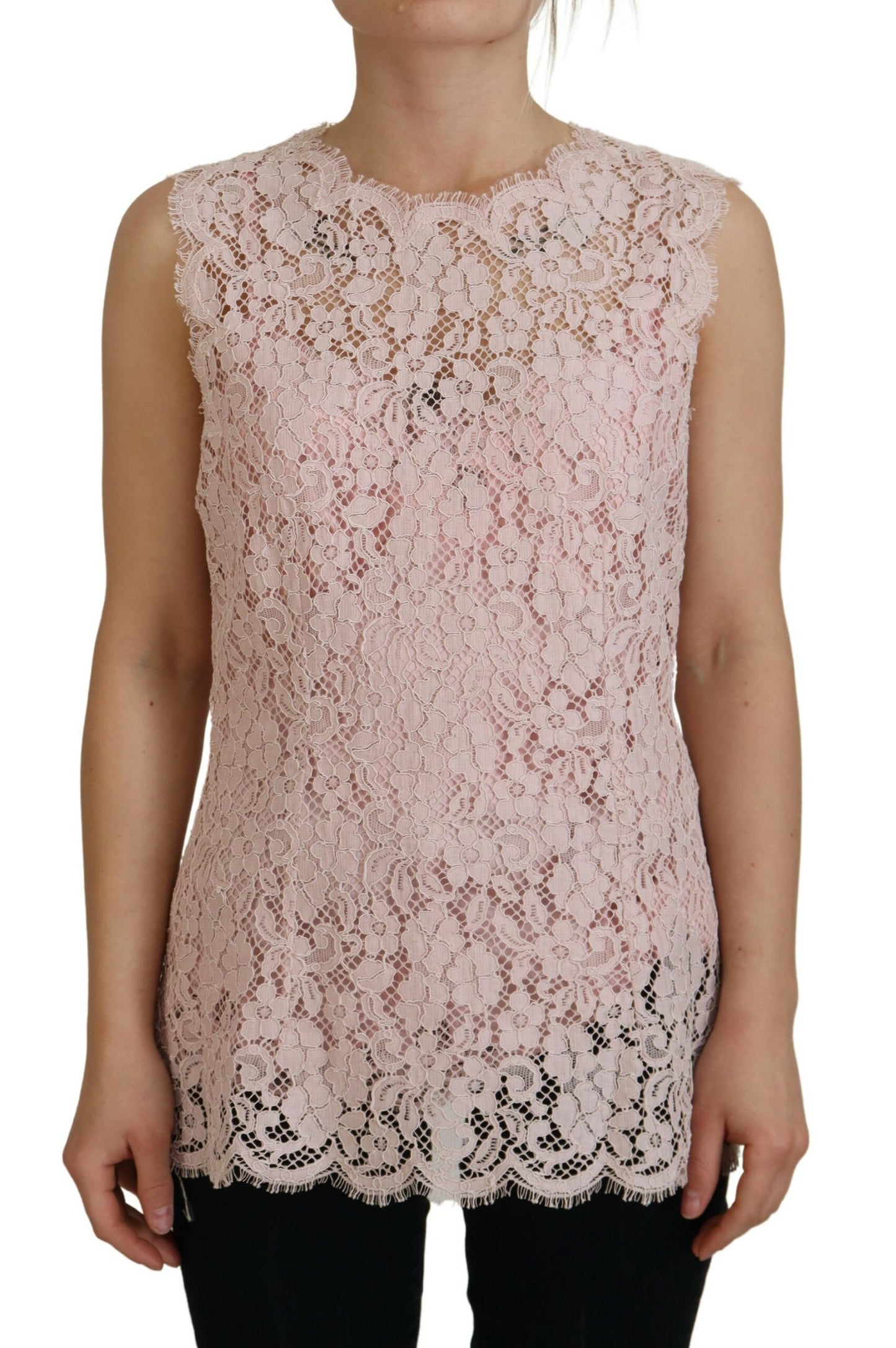 - Elegant Sheer Lace Sleeveless Blouse in Pink