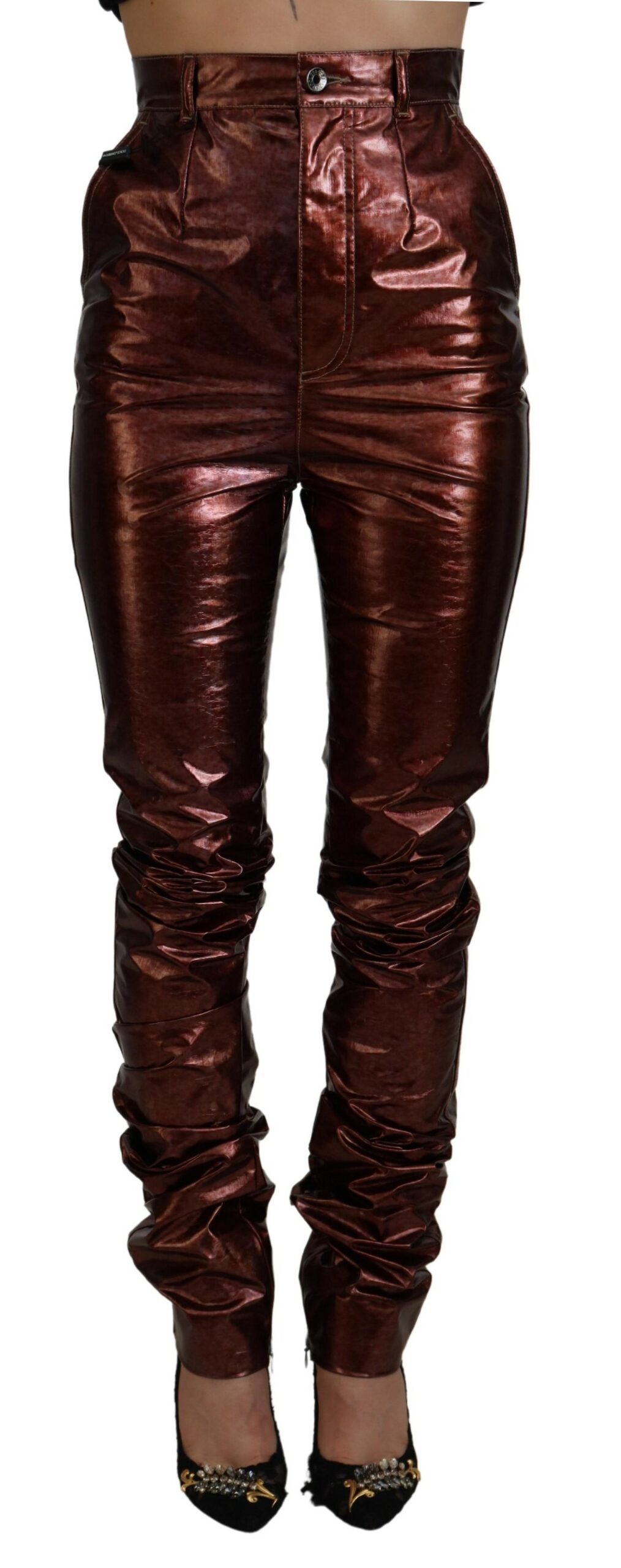 - High Waist Skinny Jeans in Metallic Bronze