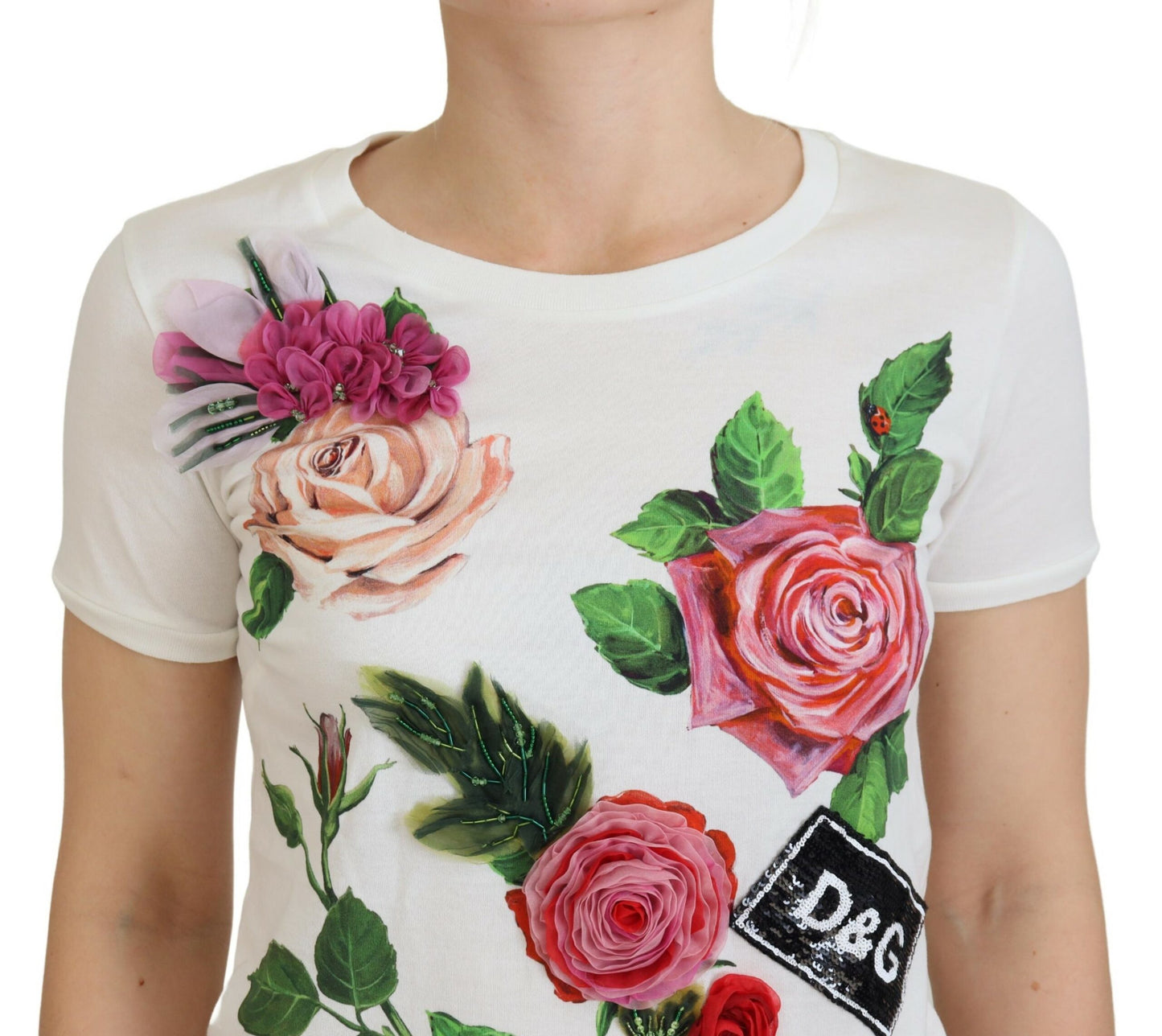 - Elegant Multicolor Rose Print Cotton Tee